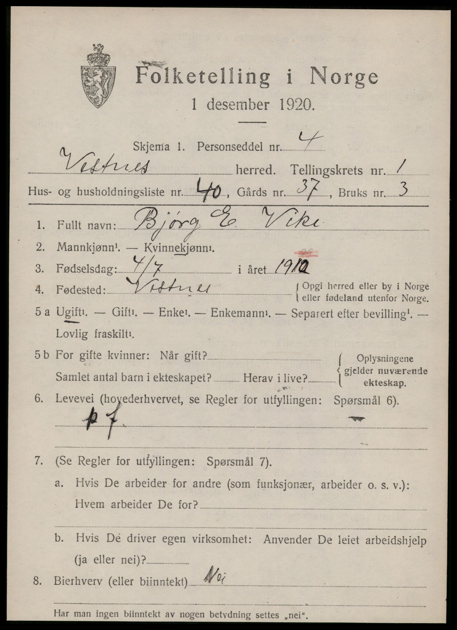 SAT, 1920 census for Vestnes, 1920, p. 1685