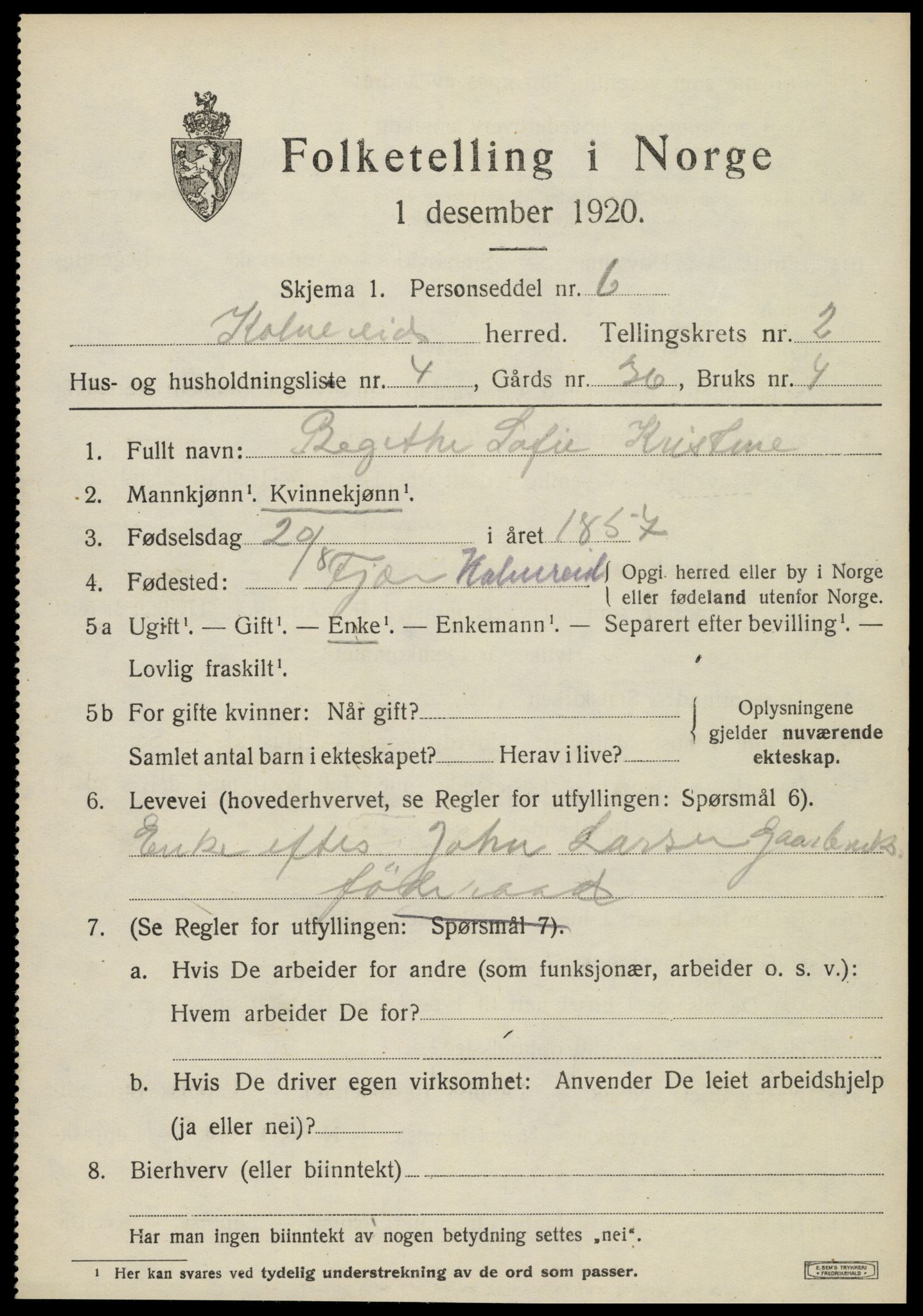 SAT, 1920 census for Kolvereid, 1920, p. 1541
