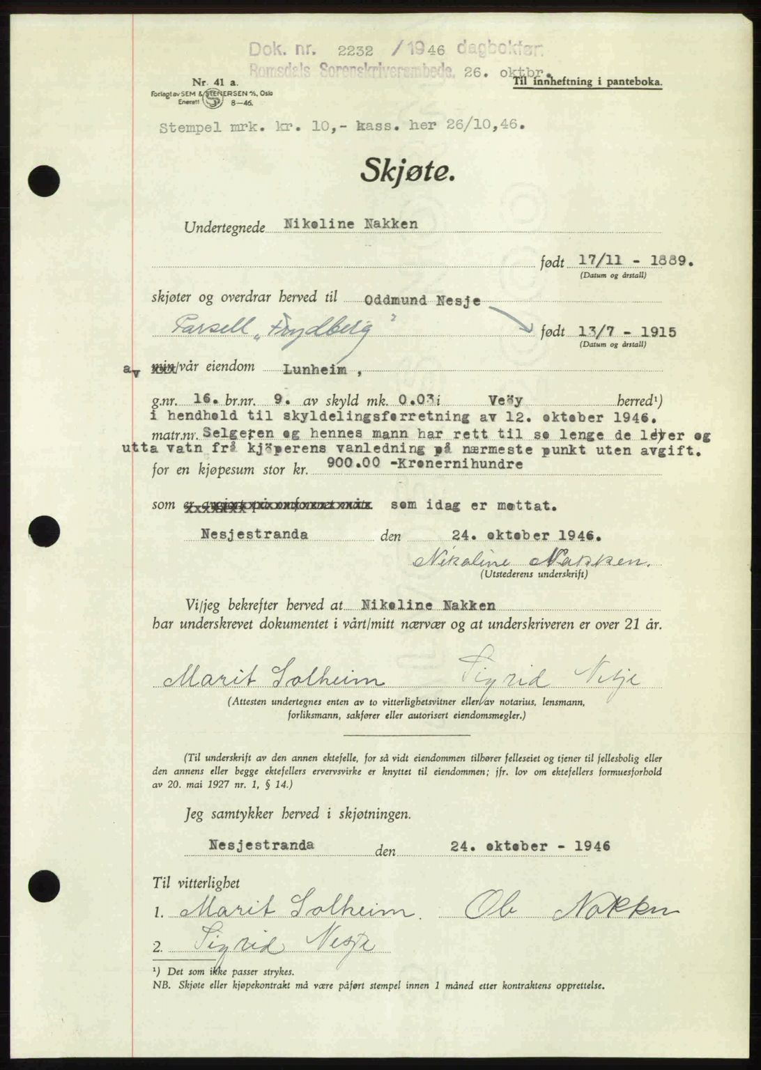 Romsdal sorenskriveri, AV/SAT-A-4149/1/2/2C: Mortgage book no. A21, 1946-1946, Diary no: : 2232/1946