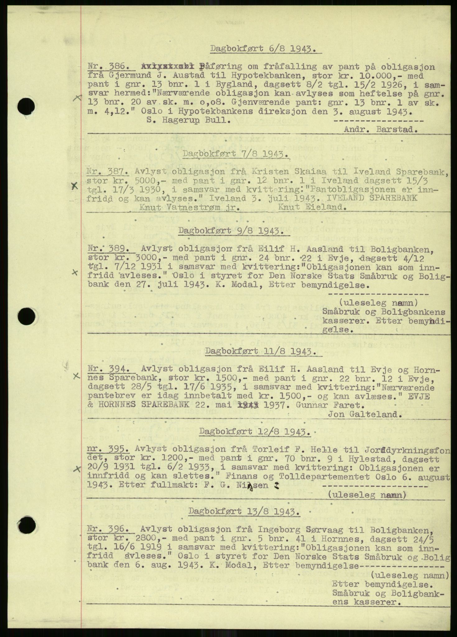 Setesdal sorenskriveri, SAK/1221-0011/G/Gb/L0048: Mortgage book no. B 36, 1943-1947, Diary no: : 386/1943