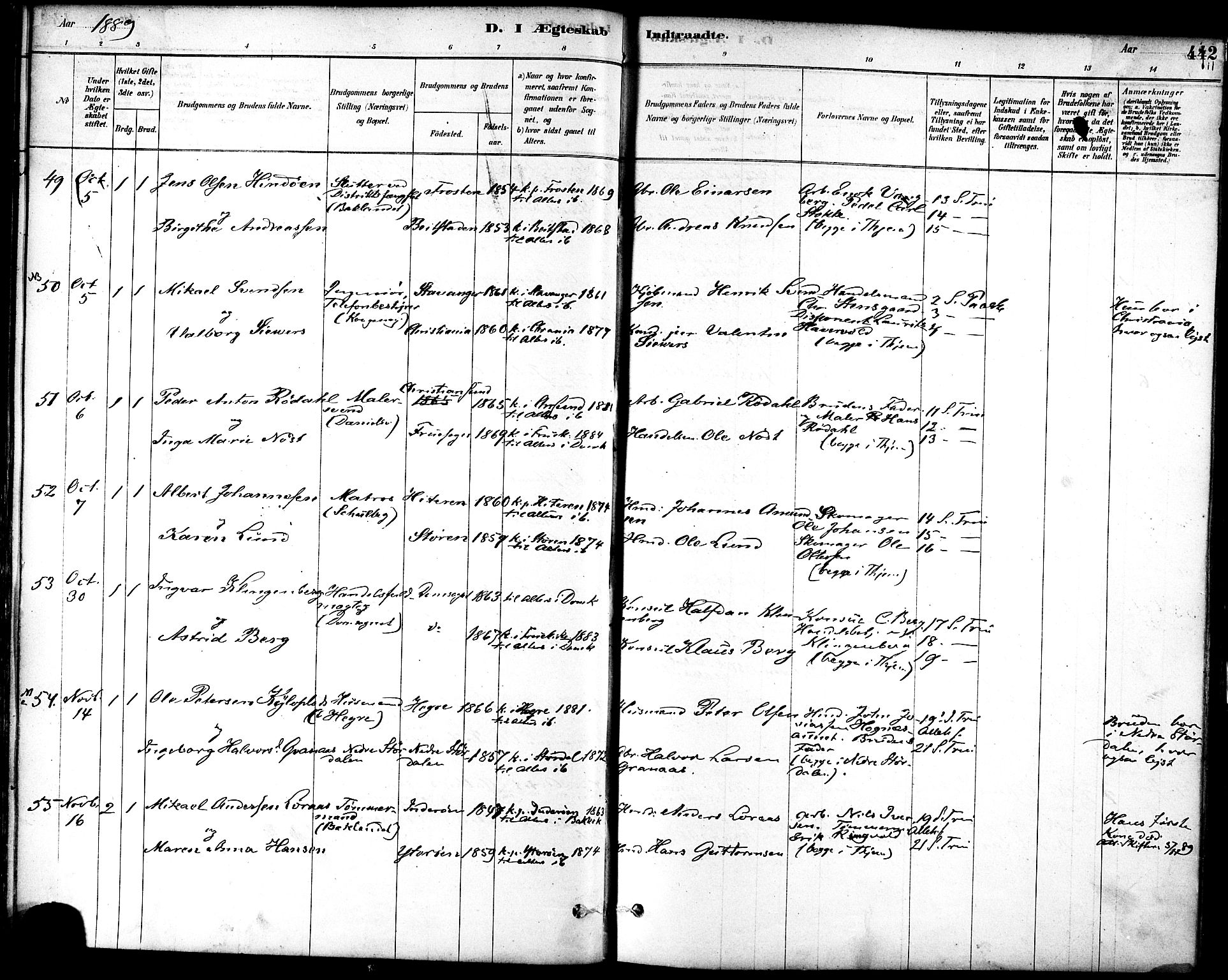 Ministerialprotokoller, klokkerbøker og fødselsregistre - Sør-Trøndelag, AV/SAT-A-1456/601/L0058: Parish register (official) no. 601A26, 1877-1891, p. 442