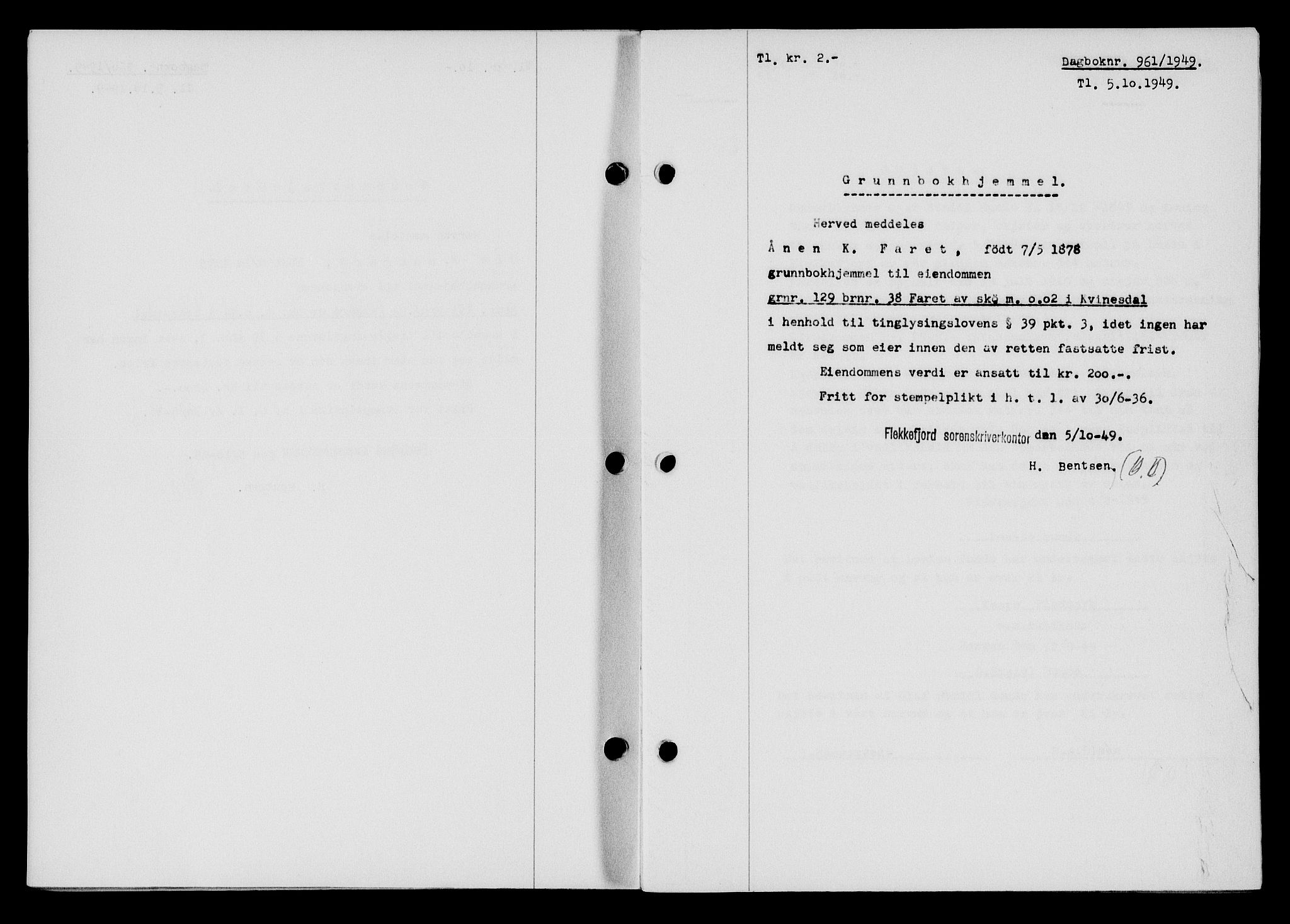 Flekkefjord sorenskriveri, SAK/1221-0001/G/Gb/Gba/L0065: Mortgage book no. A-13, 1949-1949, Diary no: : 961/1949