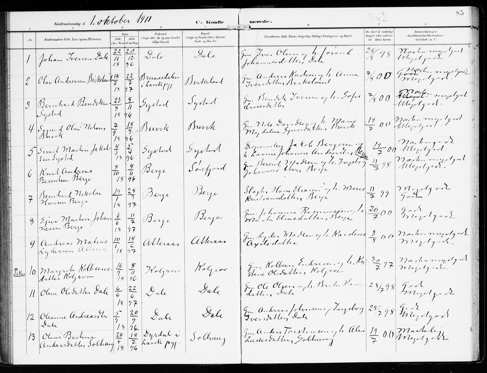 Hyllestad sokneprestembete, SAB/A-80401: Parish register (official) no. B 2, 1903-1917, p. 85