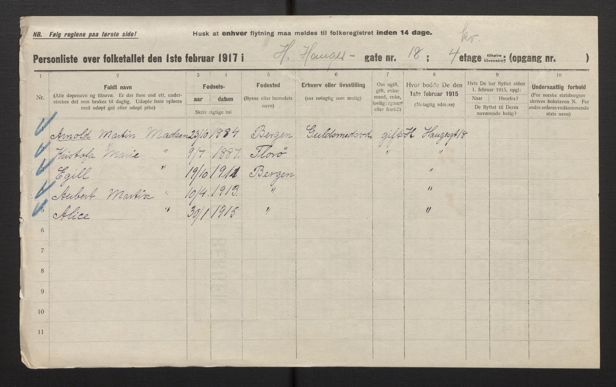 SAB, Municipal Census 1917 for Bergen, 1917, p. 11885