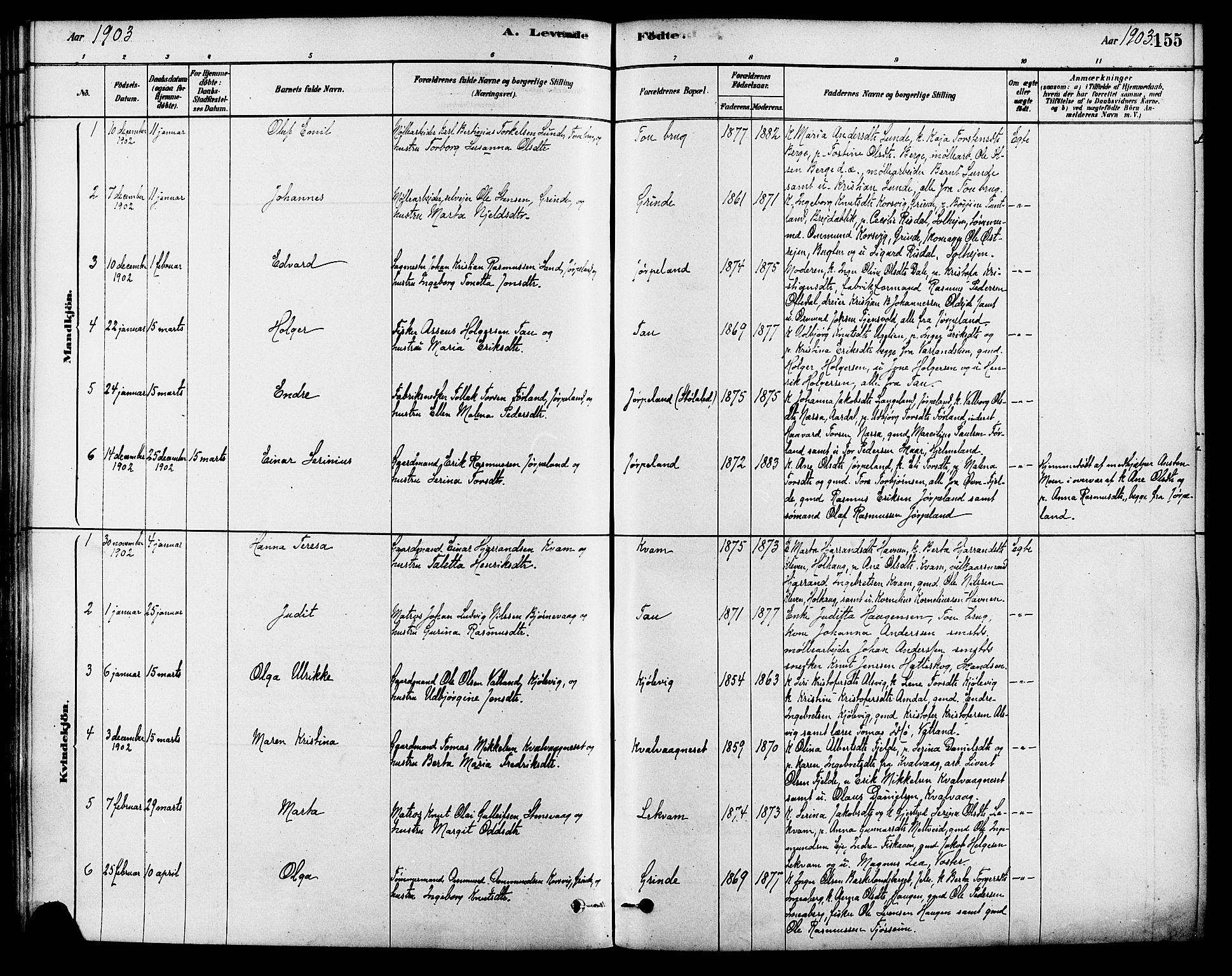 Strand sokneprestkontor, AV/SAST-A-101828/H/Ha/Haa/L0009: Parish register (official) no. A 9, 1877-1908, p. 155