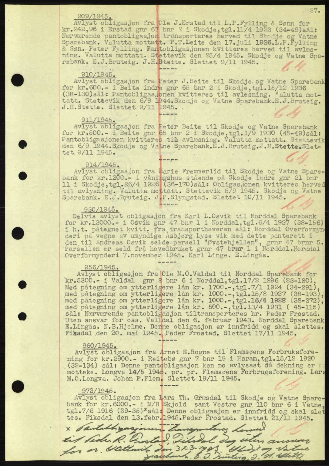 Nordre Sunnmøre sorenskriveri, SAT/A-0006/1/2/2C/2Ca: Mortgage book no. B6-14 a, 1942-1945, Diary no: : 909/1945