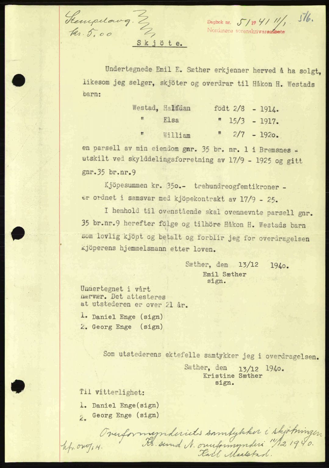 Nordmøre sorenskriveri, SAT/A-4132/1/2/2Ca: Mortgage book no. A89, 1940-1941, Diary no: : 51/1941