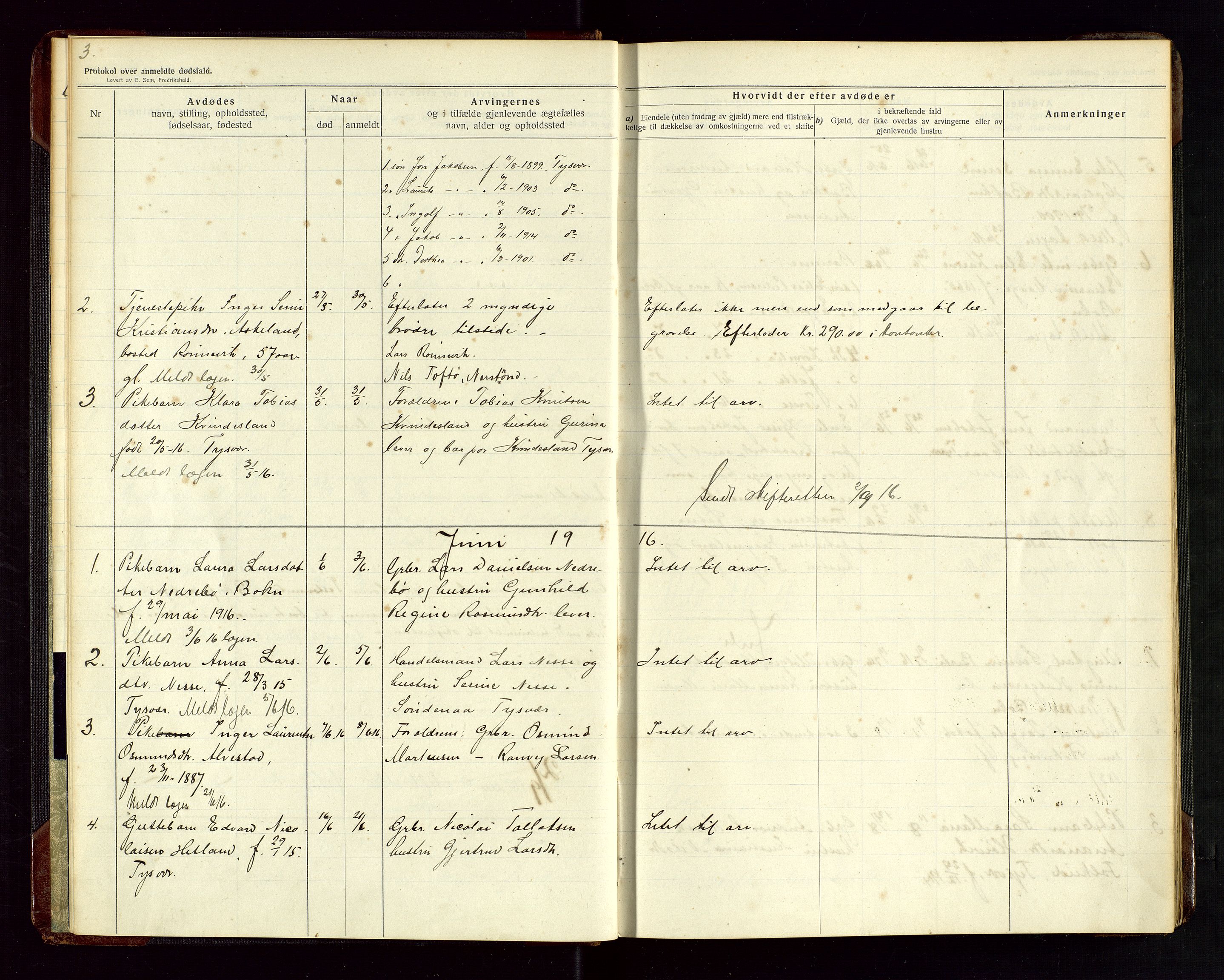 Tysvær lensmannskontor, AV/SAST-A-100192/Gga/L0003: "Protokol over anmeldte dødsfald i Tysvær" med register, 1916-1926, p. 3