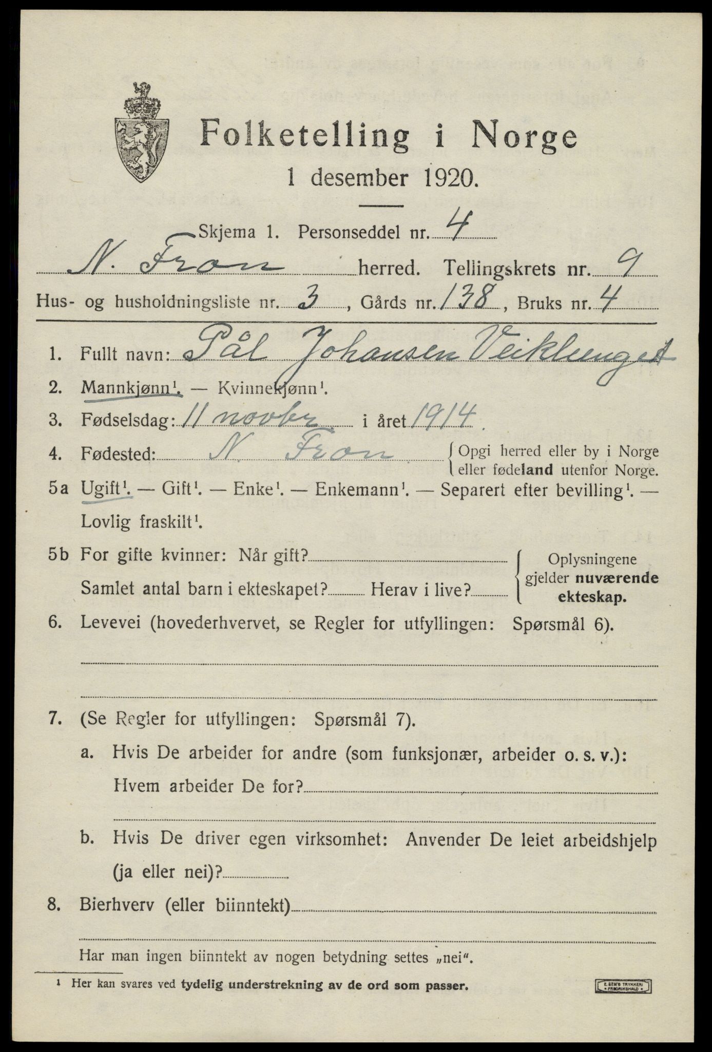 SAH, 1920 census for Nord-Fron, 1920, p. 7498