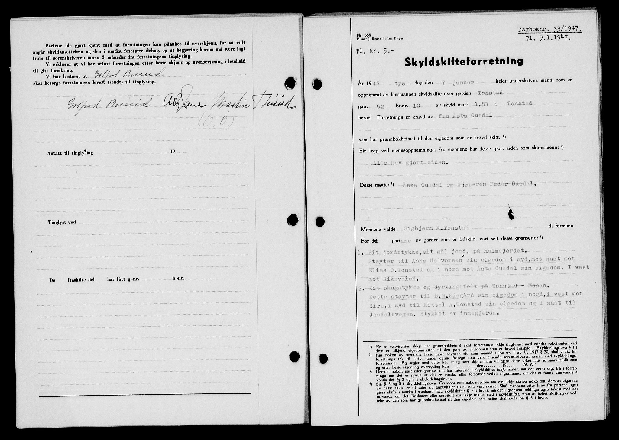 Flekkefjord sorenskriveri, SAK/1221-0001/G/Gb/Gba/L0061: Mortgage book no. A-9, 1946-1947, Diary no: : 33/1947