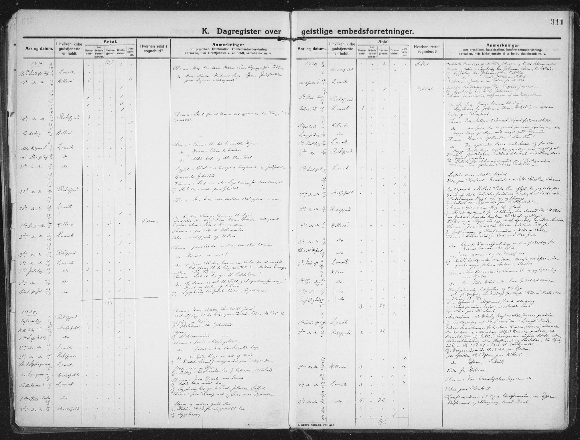 Lenvik sokneprestembete, SATØ/S-1310/H/Ha/Haa/L0016kirke: Parish register (official) no. 16, 1910-1924, p. 311