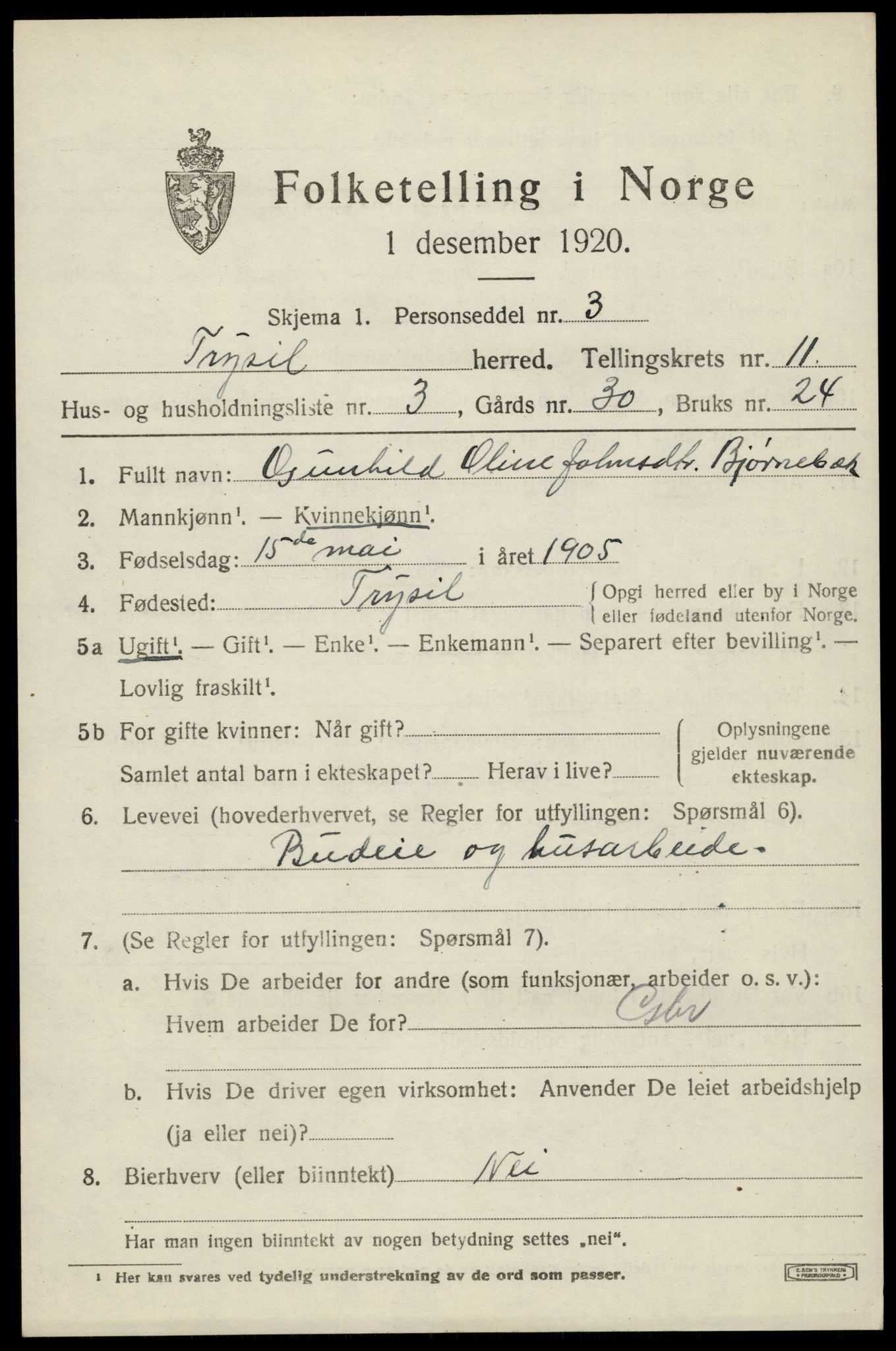 SAH, 1920 census for Trysil, 1920, p. 6991