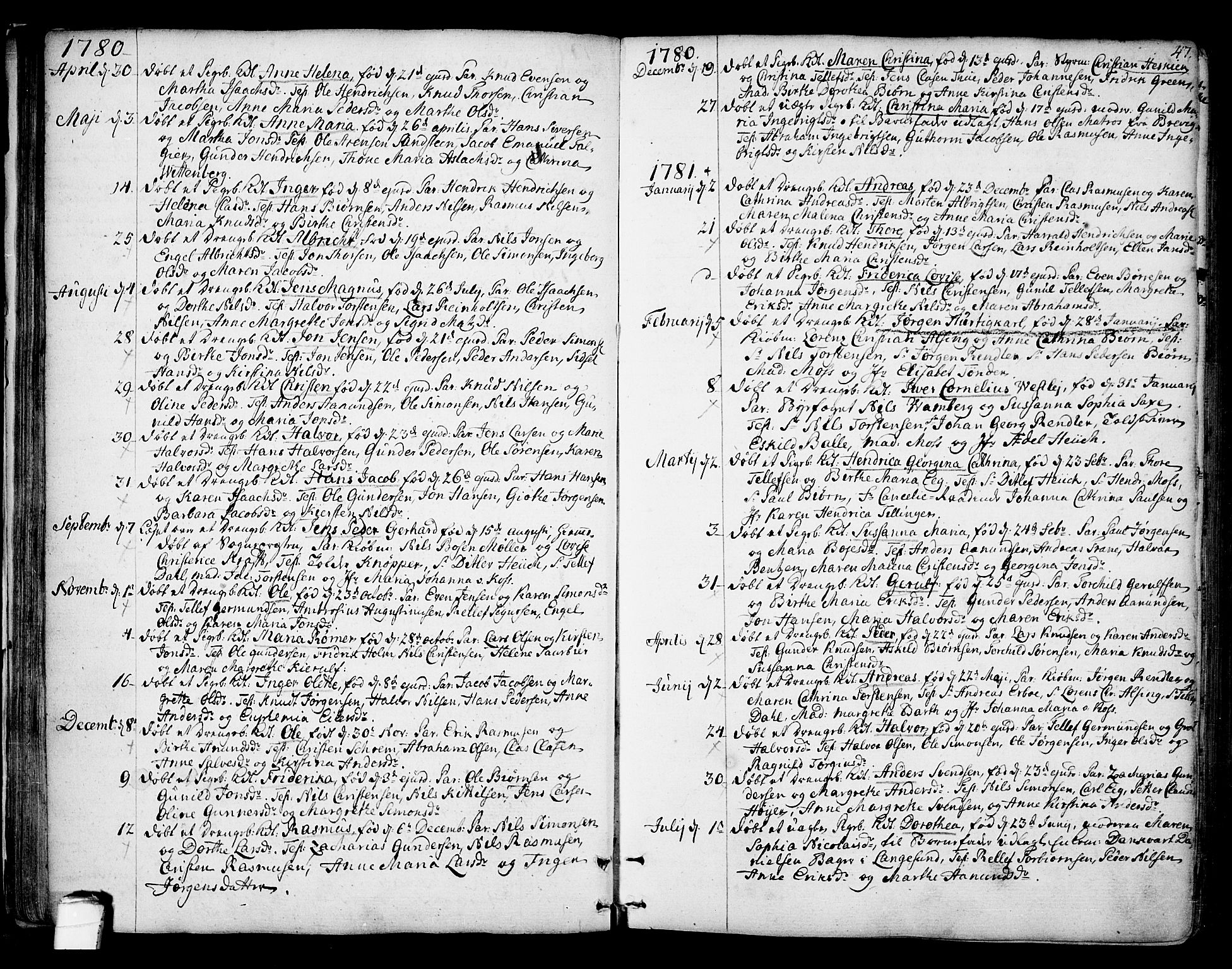 Kragerø kirkebøker, SAKO/A-278/F/Fa/L0002: Parish register (official) no. 2, 1767-1802, p. 47