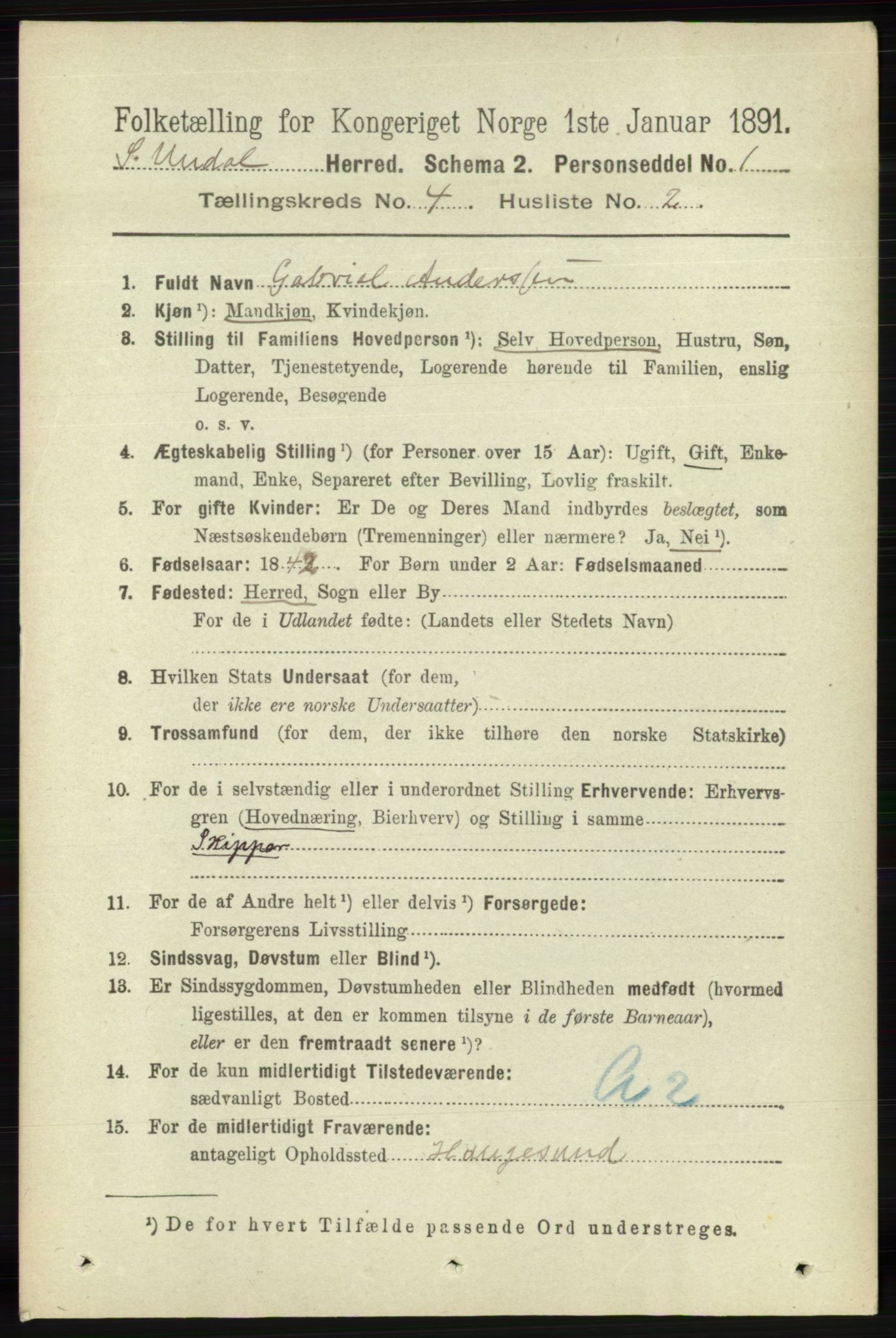 RA, 1891 census for 1029 Sør-Audnedal, 1891, p. 1412