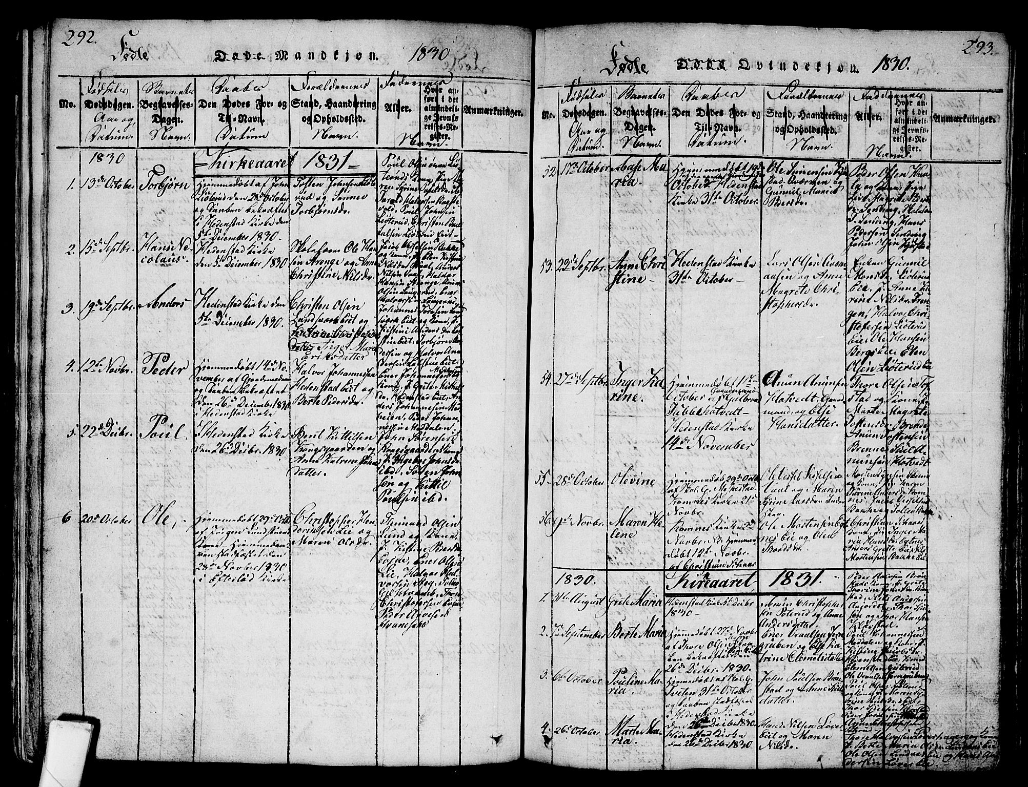 Sandsvær kirkebøker, AV/SAKO-A-244/G/Ga/L0003: Parish register (copy) no. I 3, 1817-1839, p. 292-293