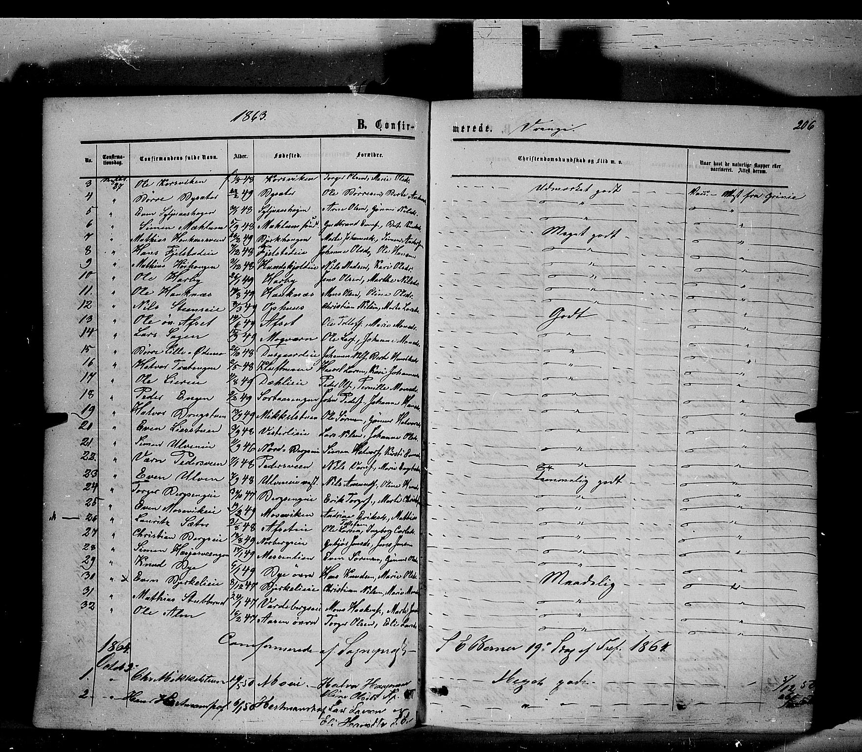 Ringsaker prestekontor, AV/SAH-PREST-014/K/Ka/L0010: Parish register (official) no. 10, 1861-1869, p. 206