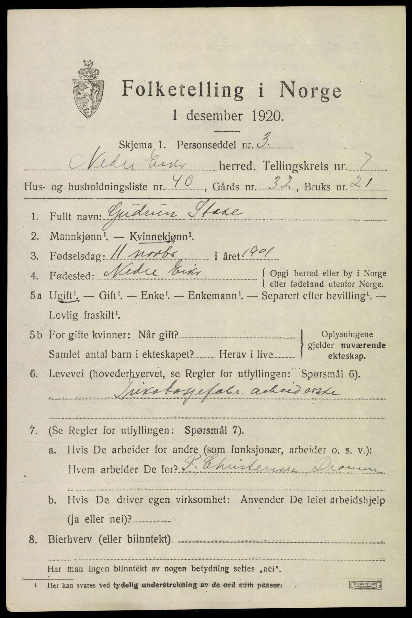 SAKO, 1920 census for Nedre Eiker, 1920, p. 8023