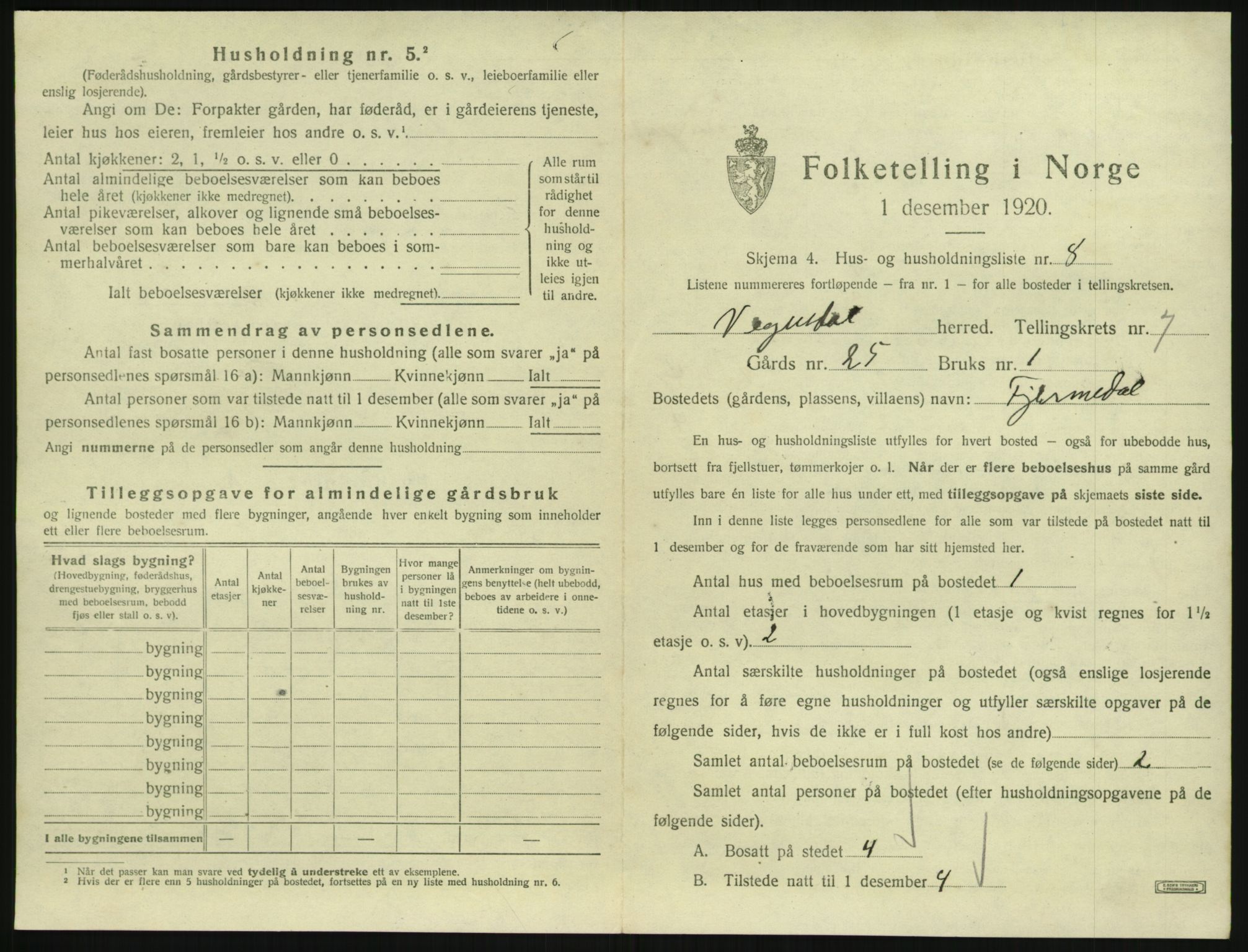 SAK, 1920 census for Vegusdal, 1920, p. 289