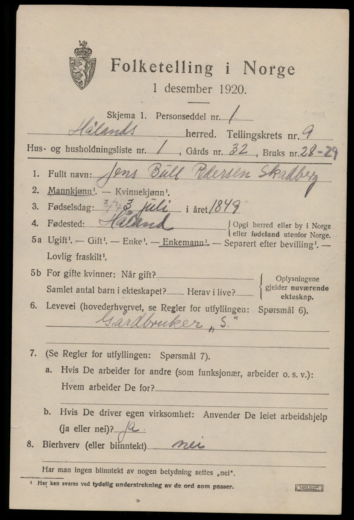 SAST, 1920 census for Håland, 1920, p. 7021