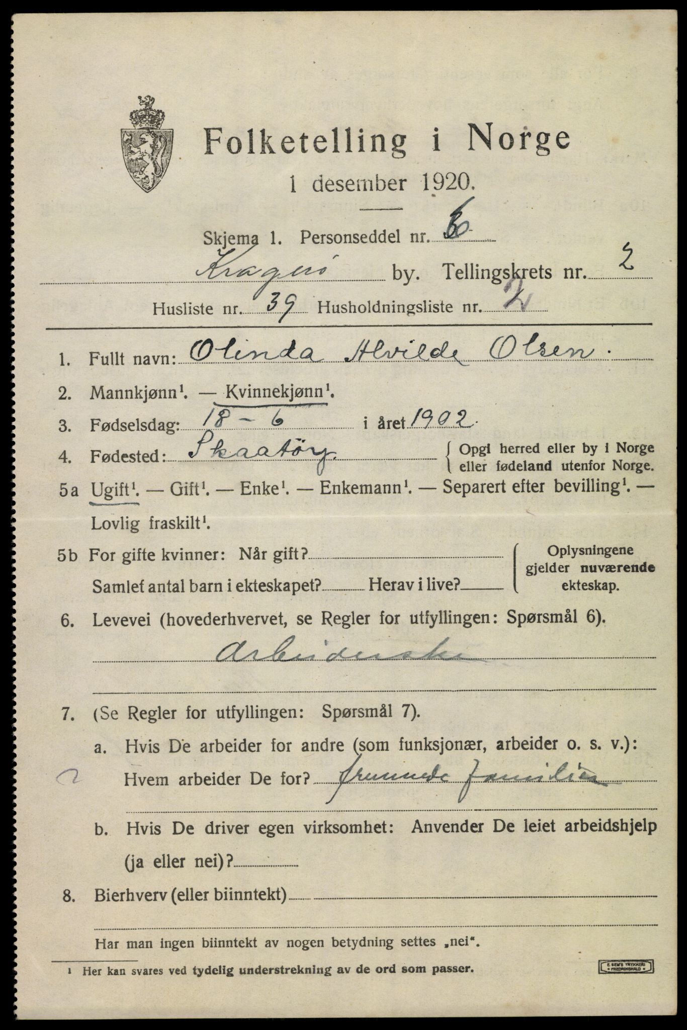 SAKO, 1920 census for Kragerø, 1920, p. 5825