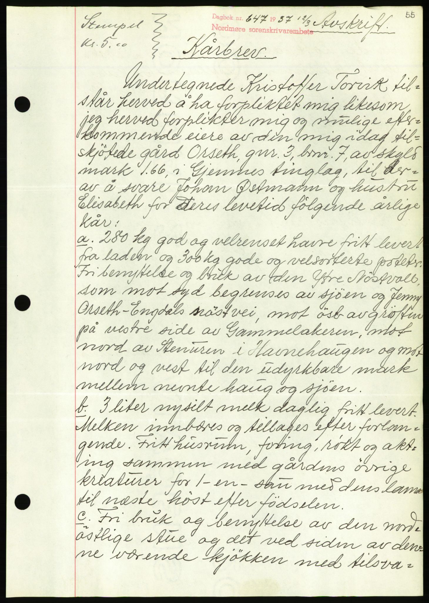 Nordmøre sorenskriveri, AV/SAT-A-4132/1/2/2Ca/L0091: Mortgage book no. B81, 1937-1937, Diary no: : 647/1937