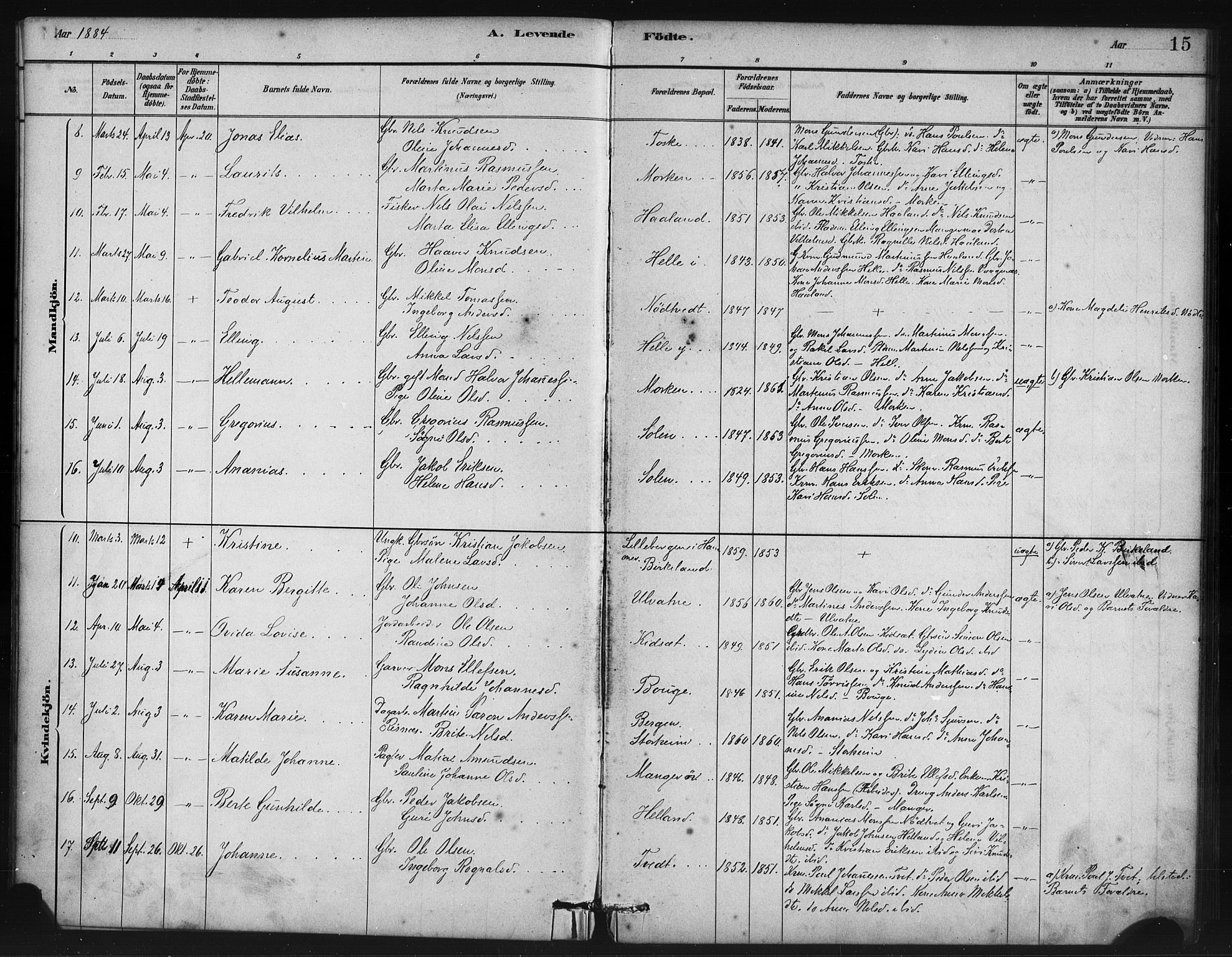 Manger sokneprestembete, SAB/A-76801/H/Haa: Parish register (official) no. B 1, 1881-1892, p. 15