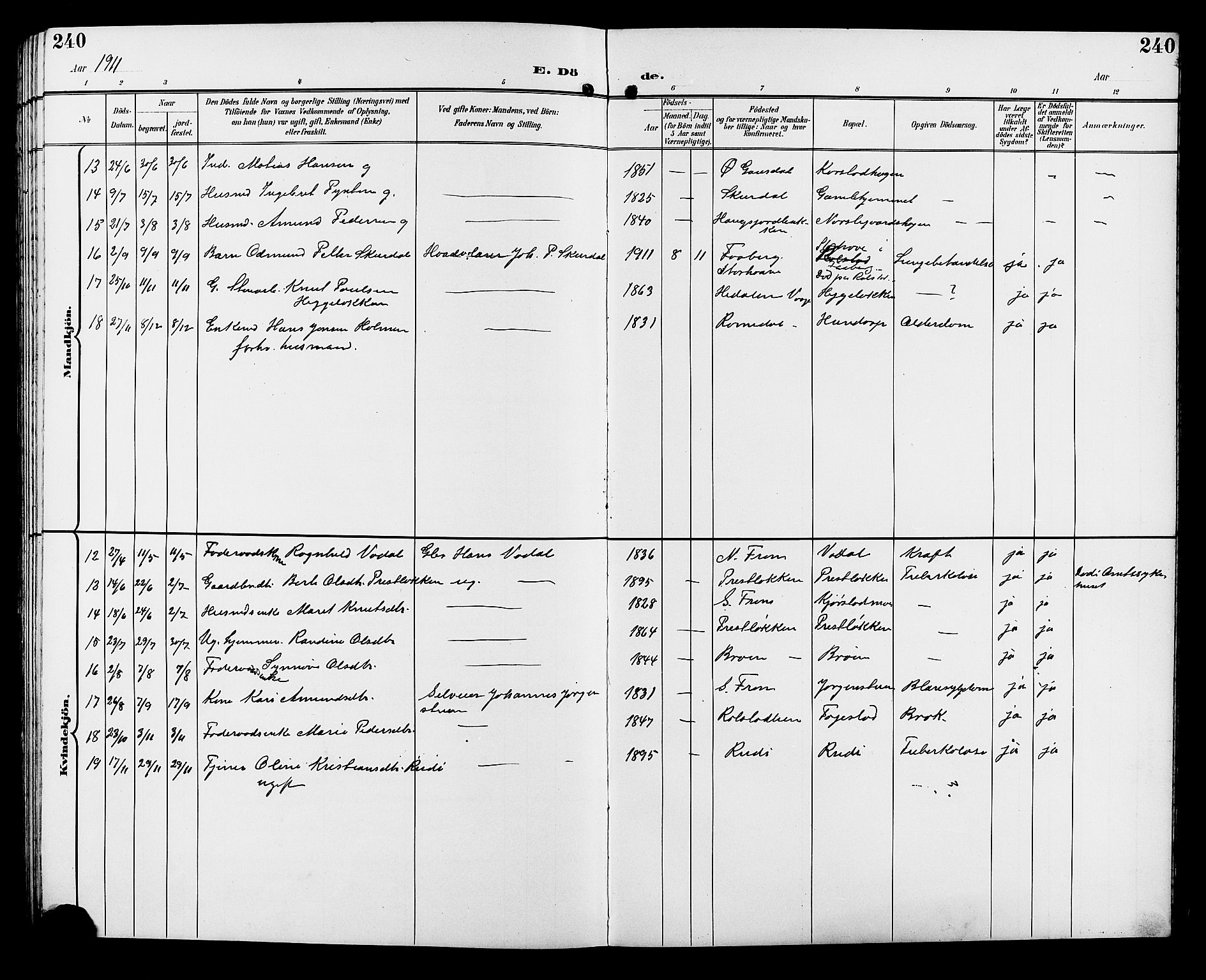 Sør-Fron prestekontor, SAH/PREST-010/H/Ha/Hab/L0004: Parish register (copy) no. 4, 1896-1911, p. 240