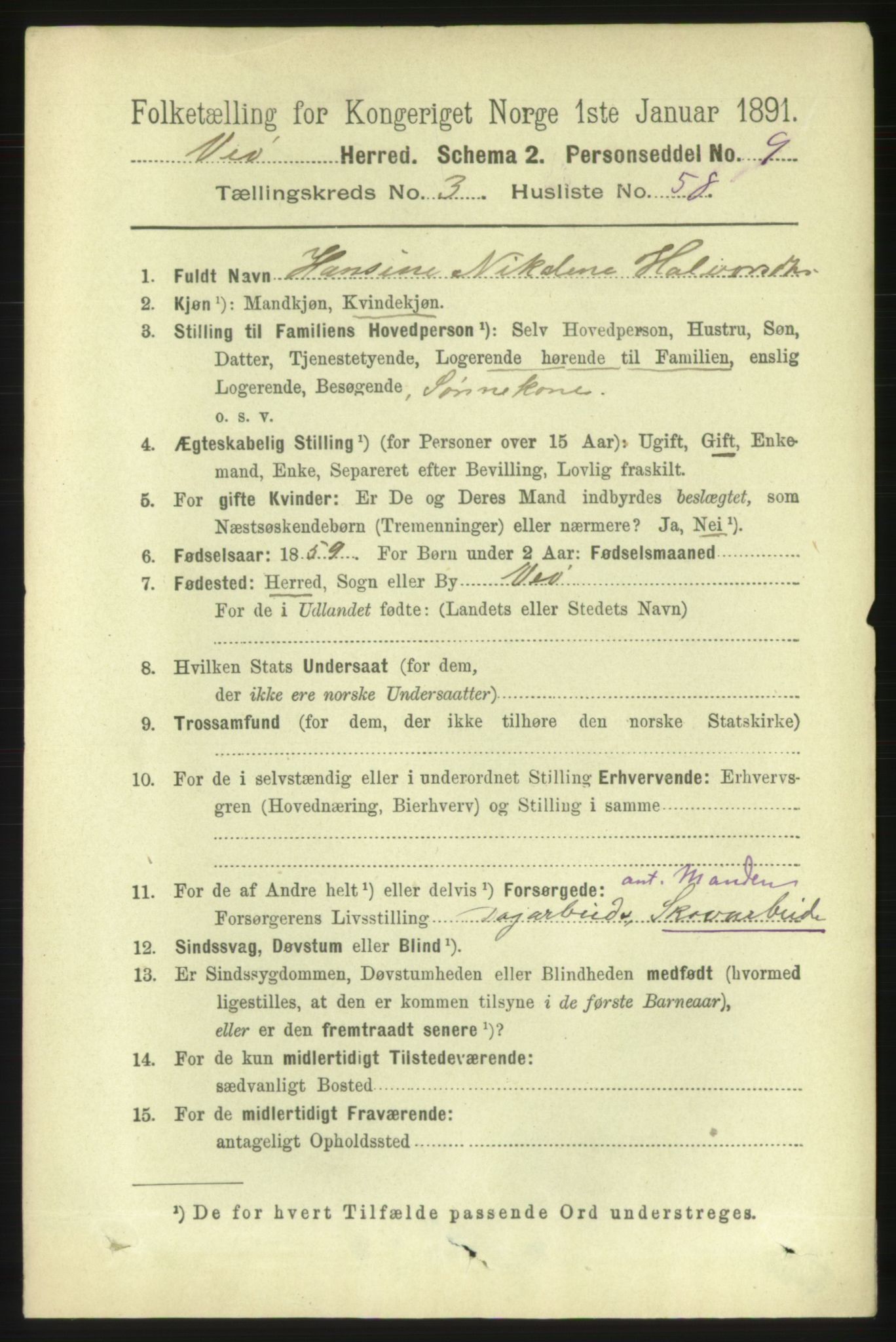 RA, 1891 census for 1541 Veøy, 1891, p. 1733