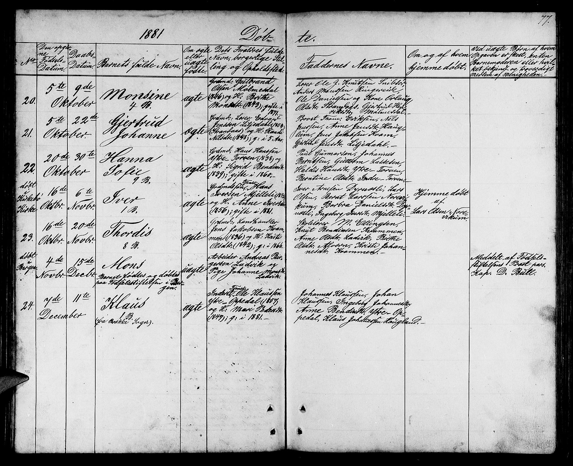 Lavik sokneprestembete, SAB/A-80901: Parish register (copy) no. A 1, 1854-1881, p. 77