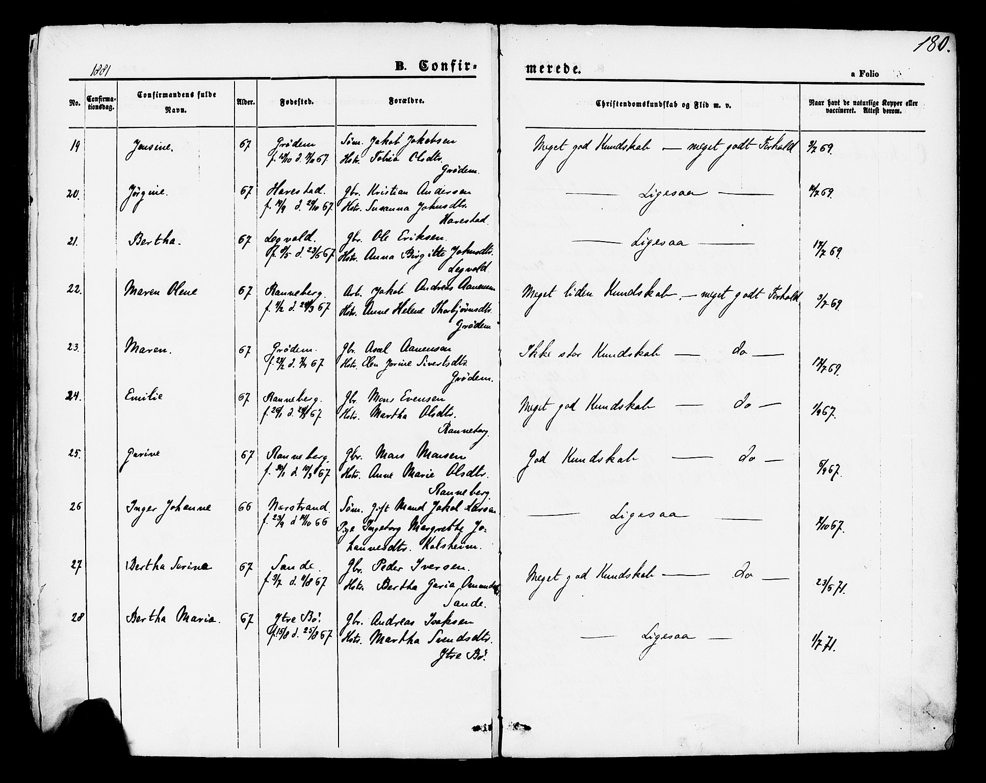 Hetland sokneprestkontor, AV/SAST-A-101826/30/30BA/L0004: Parish register (official) no. A 4, 1862-1881, p. 180