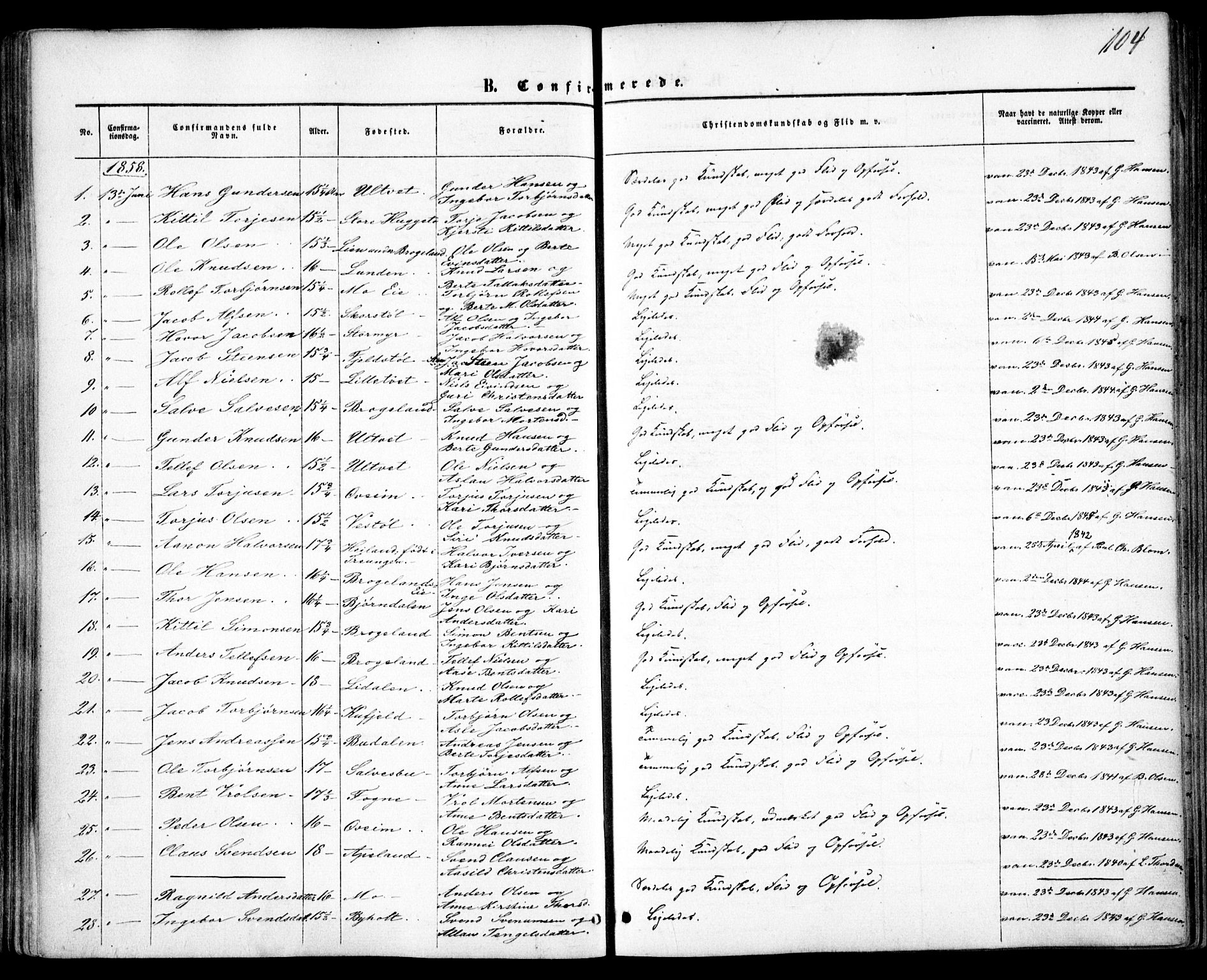 Gjerstad sokneprestkontor, SAK/1111-0014/F/Fa/Faa/L0007: Parish register (official) no. A 7, 1858-1875, p. 104