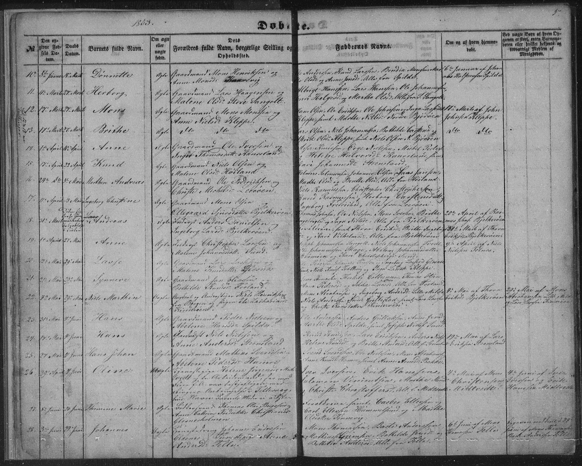 Sund sokneprestembete, AV/SAB-A-99930: Parish register (copy) no. B 1, 1852-1873, p. 5