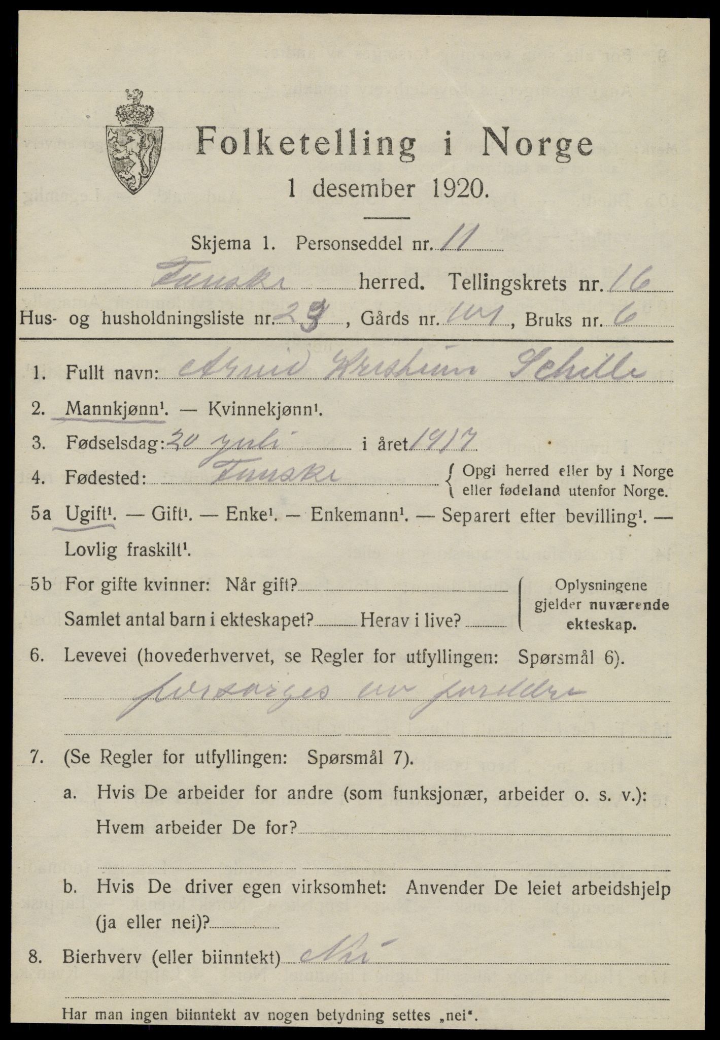 SAT, 1920 census for Fauske, 1920, p. 10090