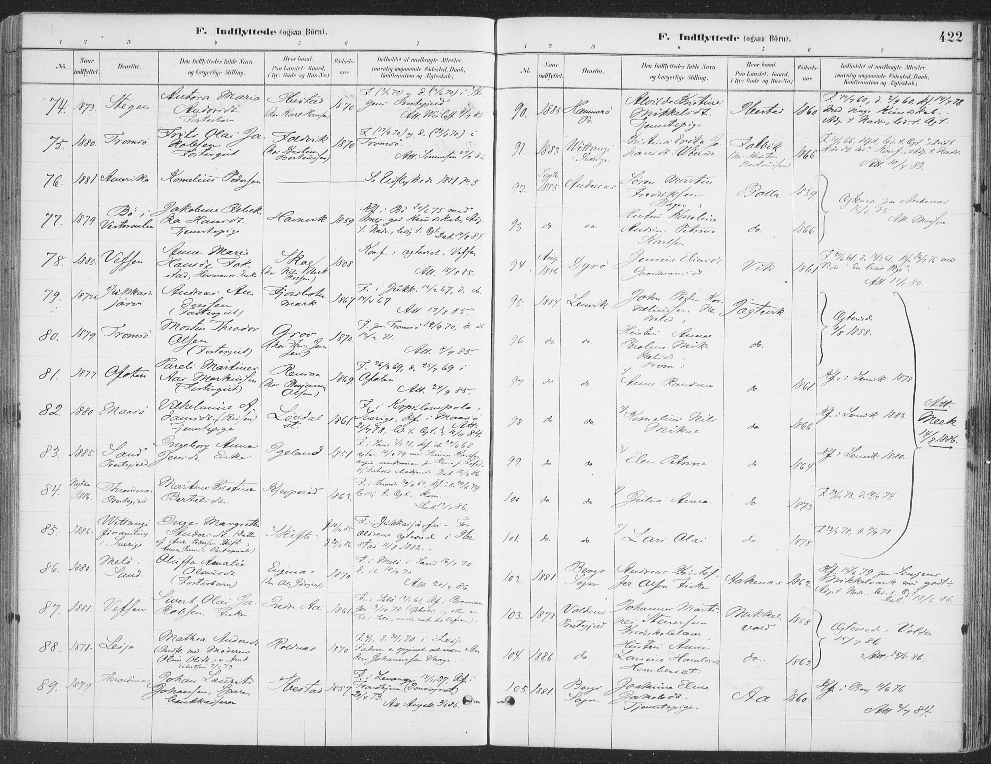 Ibestad sokneprestembete, SATØ/S-0077/H/Ha/Haa/L0011kirke: Parish register (official) no. 11, 1880-1889, p. 422