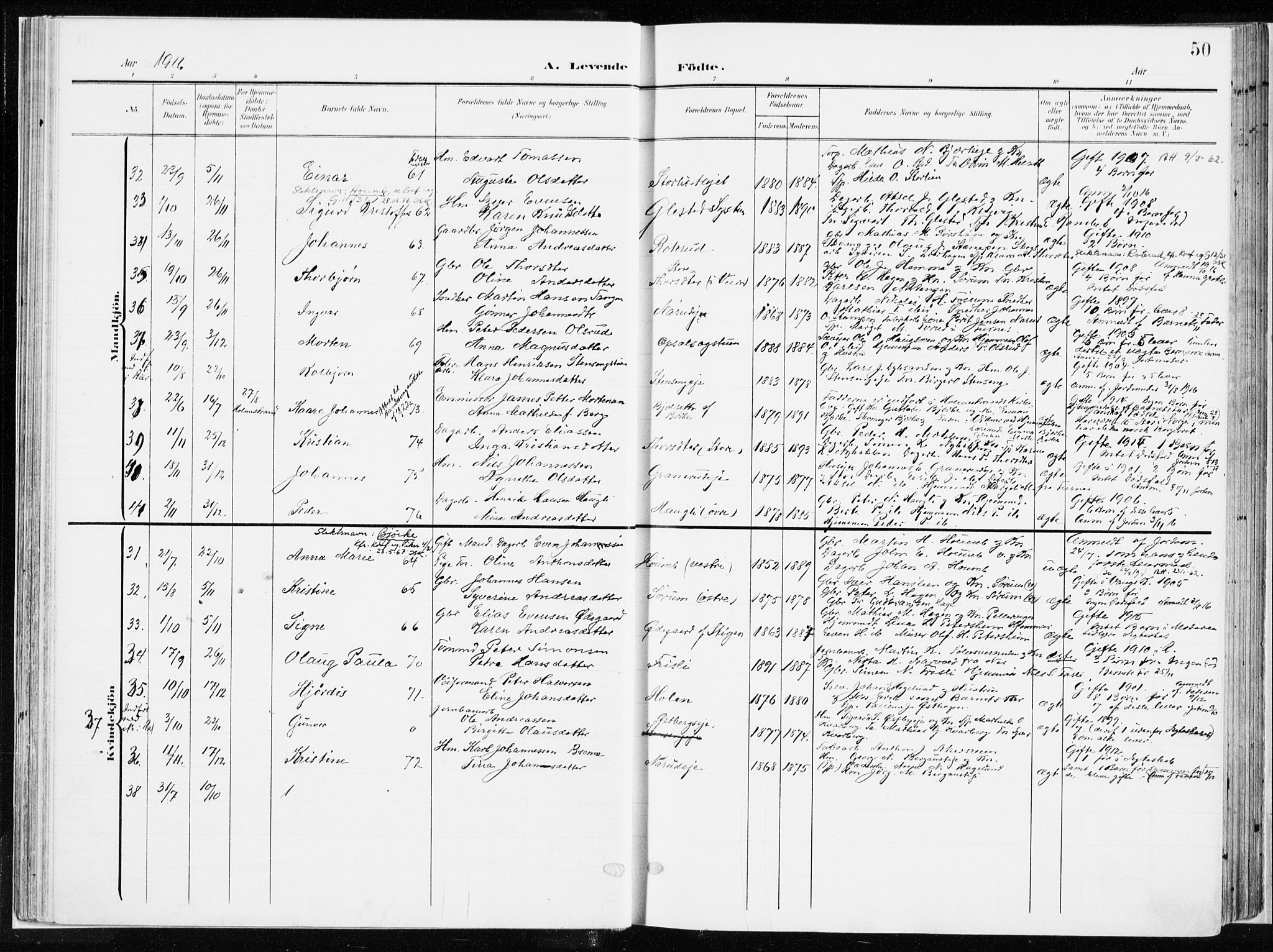 Ringsaker prestekontor, AV/SAH-PREST-014/K/Ka/L0019: Parish register (official) no. 19, 1905-1920, p. 50