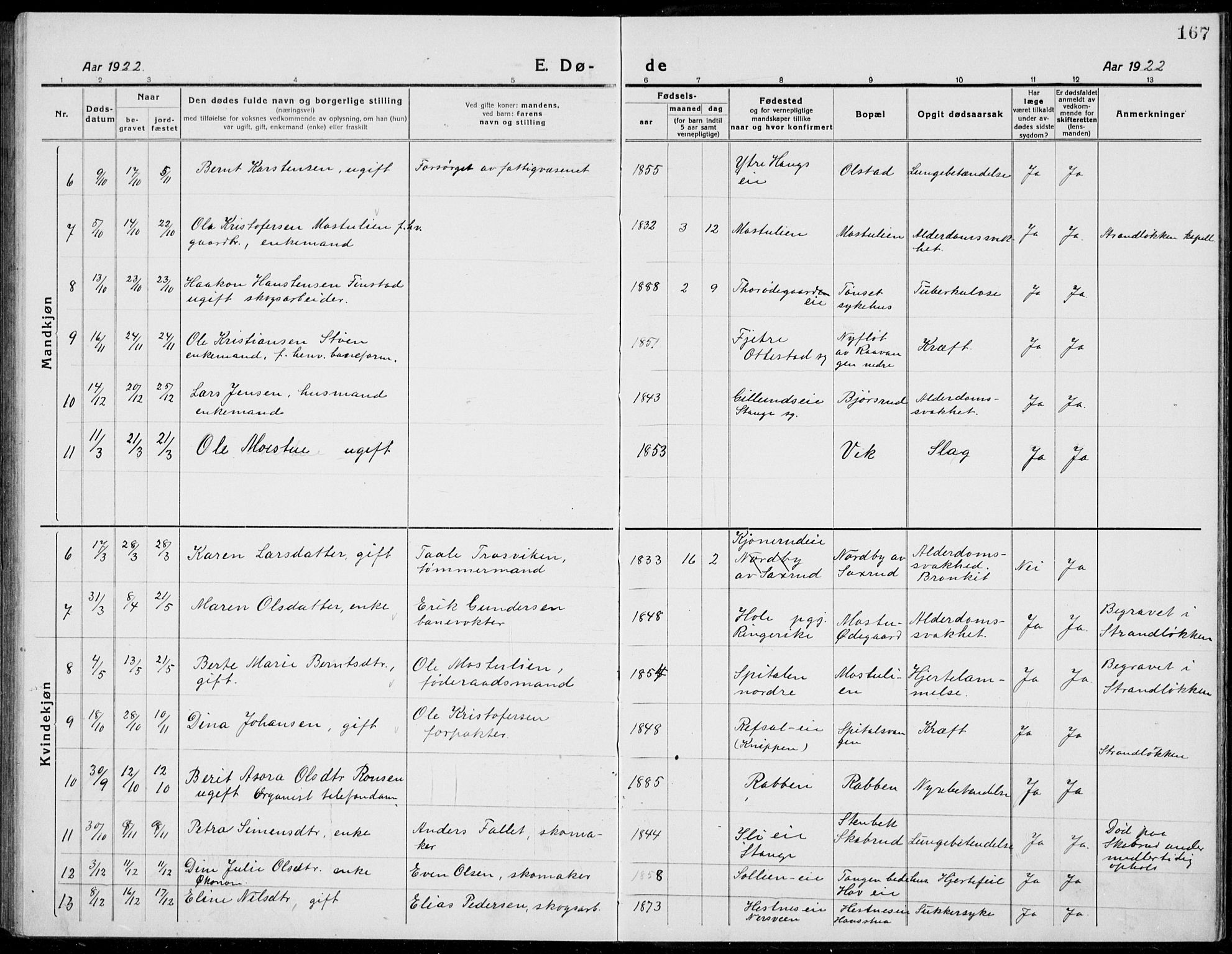 Stange prestekontor, AV/SAH-PREST-002/L/L0017: Parish register (copy) no. 17, 1918-1936, p. 167