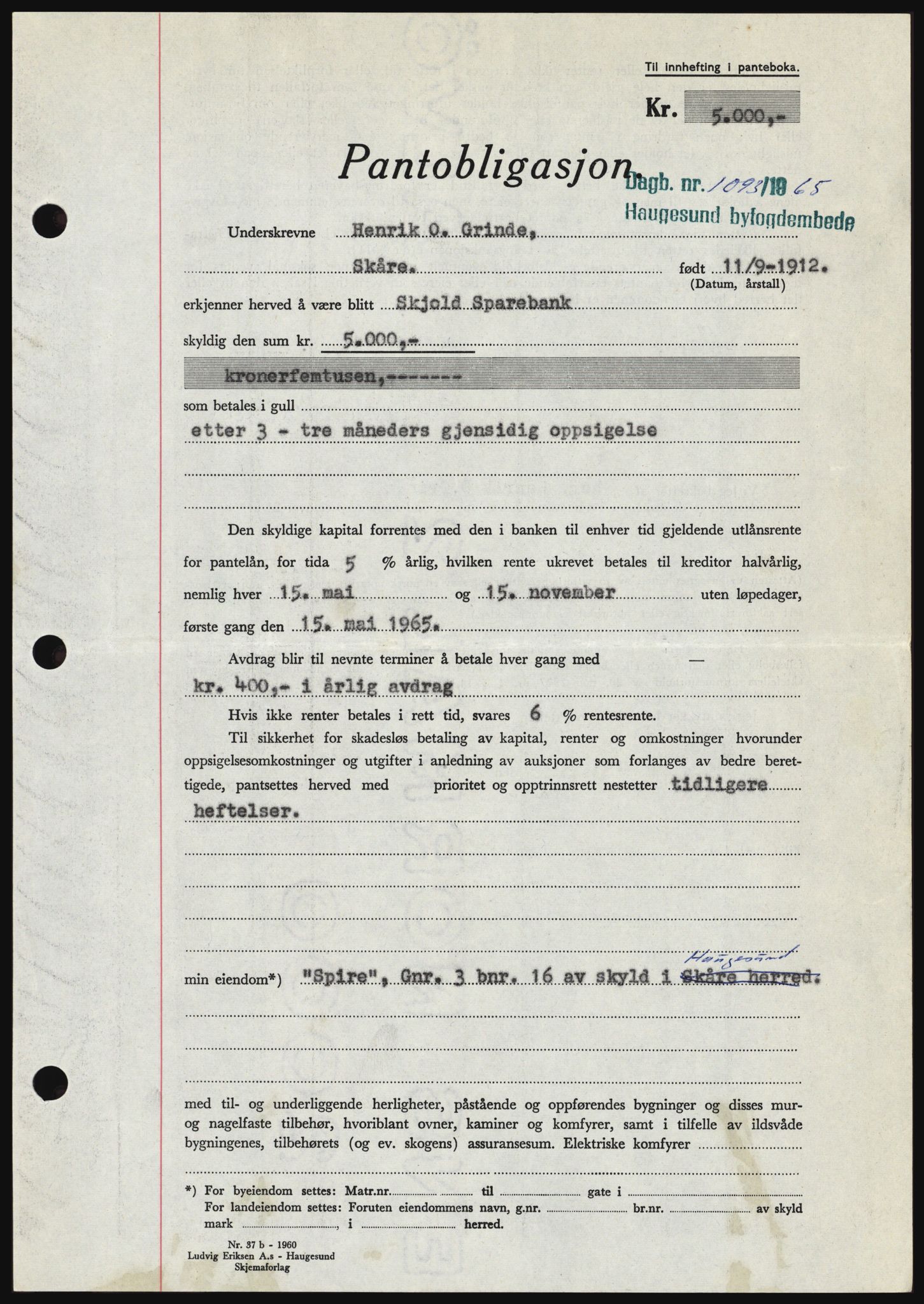 Haugesund tingrett, SAST/A-101415/01/II/IIC/L0053: Mortgage book no. B 53, 1965-1965, Diary no: : 1093/1965