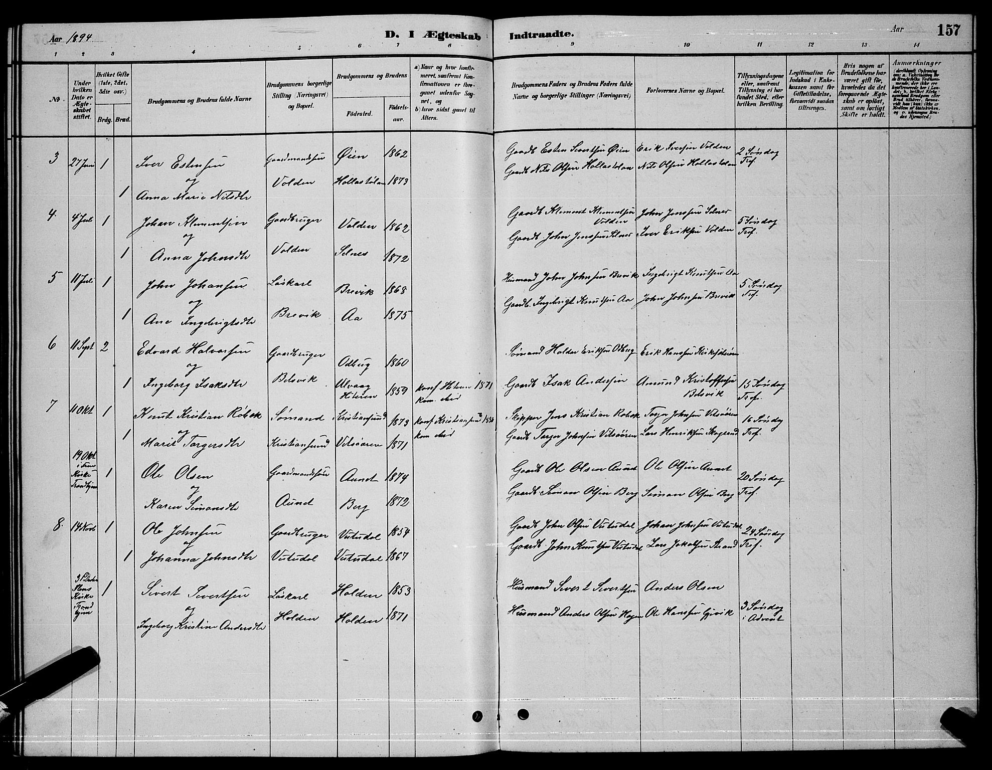 Ministerialprotokoller, klokkerbøker og fødselsregistre - Sør-Trøndelag, AV/SAT-A-1456/630/L0504: Parish register (copy) no. 630C02, 1879-1898, p. 157