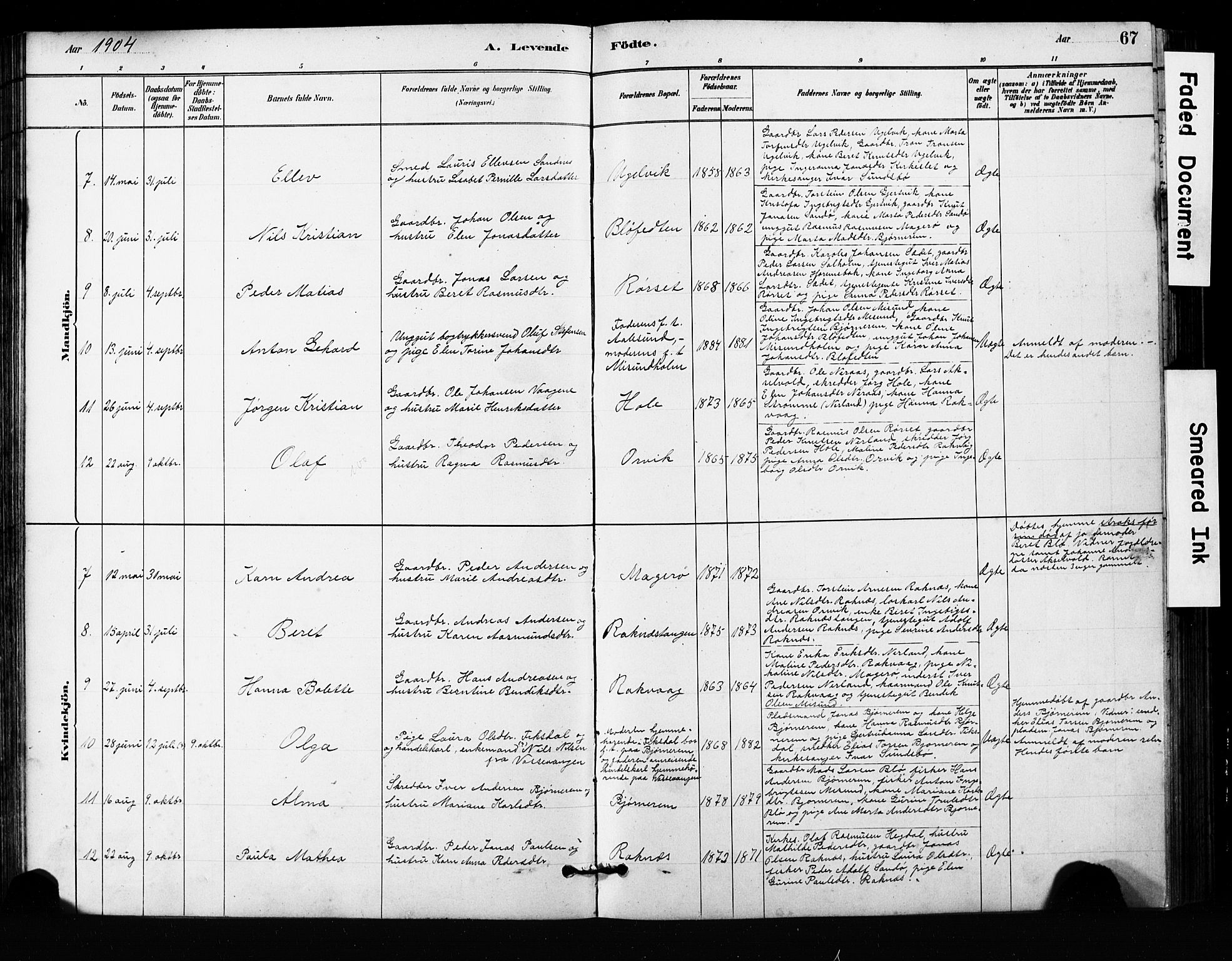 Ministerialprotokoller, klokkerbøker og fødselsregistre - Møre og Romsdal, AV/SAT-A-1454/563/L0737: Parish register (copy) no. 563C01, 1878-1916, p. 67