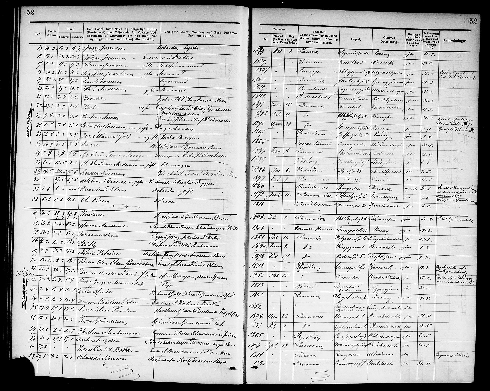 Larvik kirkebøker, AV/SAKO-A-352/G/Ga/L0007: Parish register (copy) no. I 7, 1888-1918, p. 52