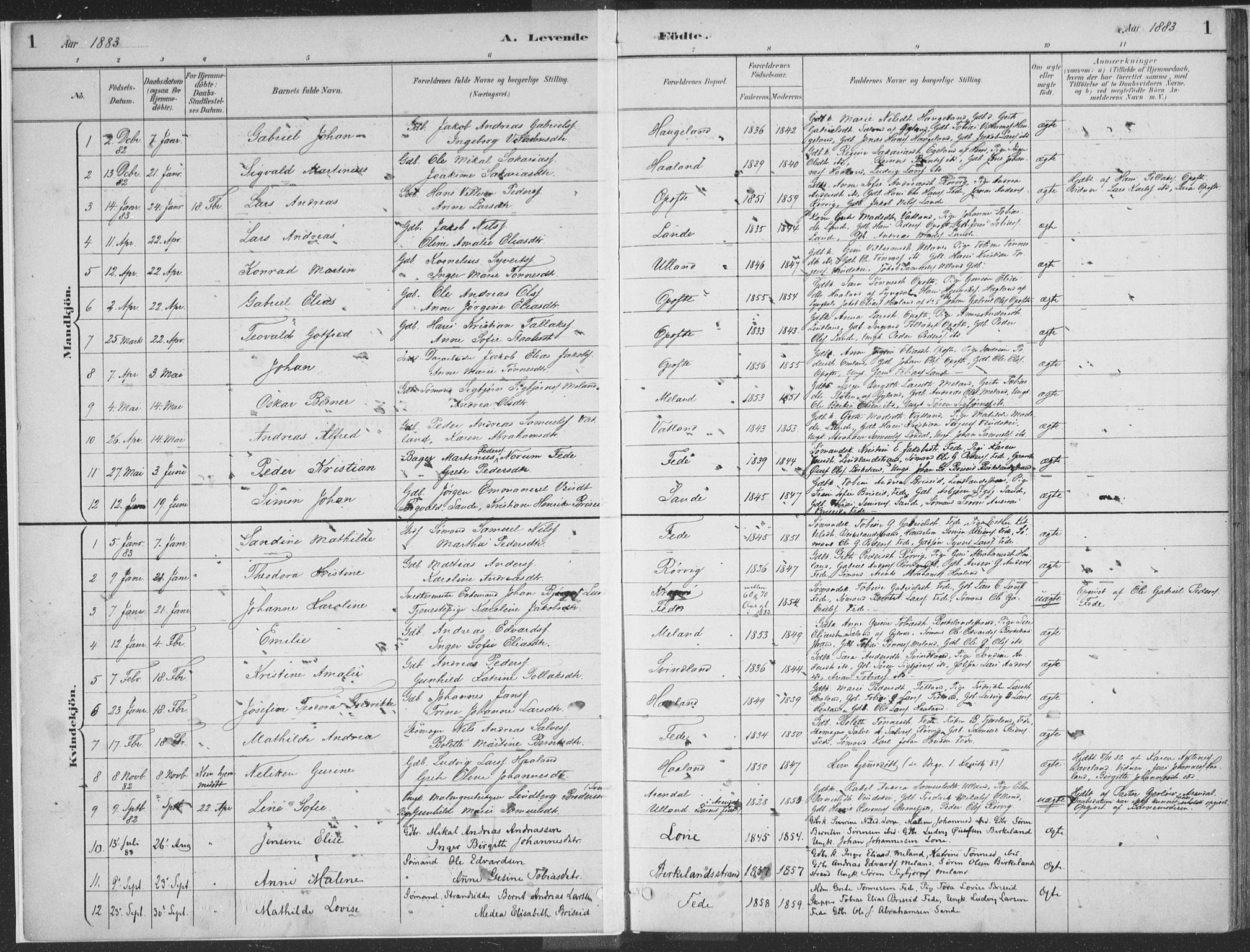 Kvinesdal sokneprestkontor, SAK/1111-0026/F/Fa/Faa/L0004: Parish register (official) no. A 4, 1882-1897, p. 1