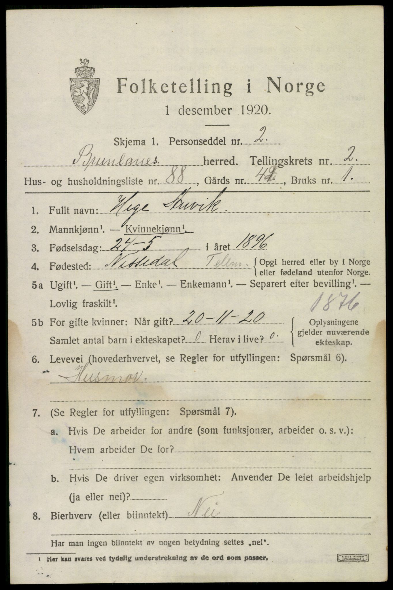SAKO, 1920 census for Brunlanes, 1920, p. 4481