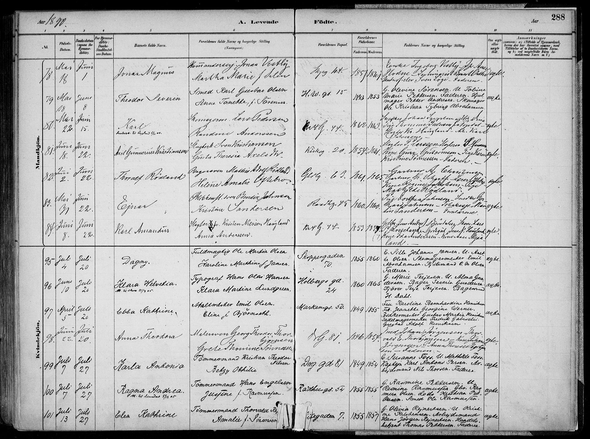 Kristiansand domprosti, SAK/1112-0006/F/Fa/L0016: Parish register (official) no. A 16A, 1880-1890, p. 288