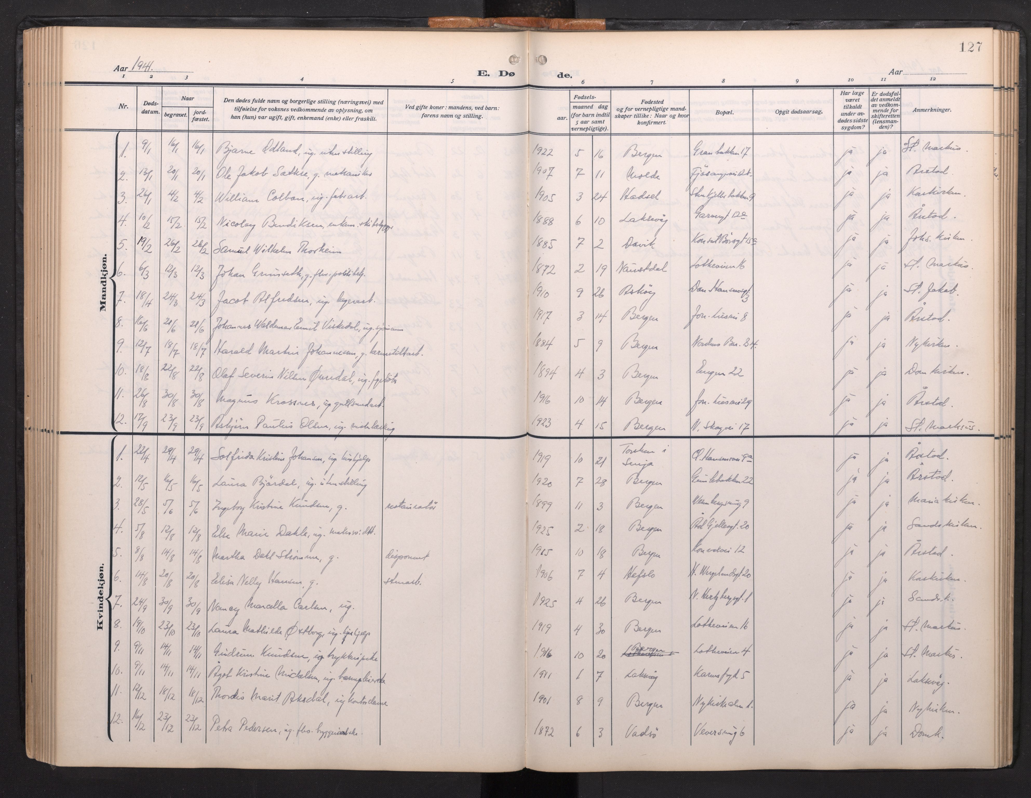 Arkivreferanse mangler*, SAB/-: Parish register (official) no. A 1, 1912-1957, p. 126b-127a