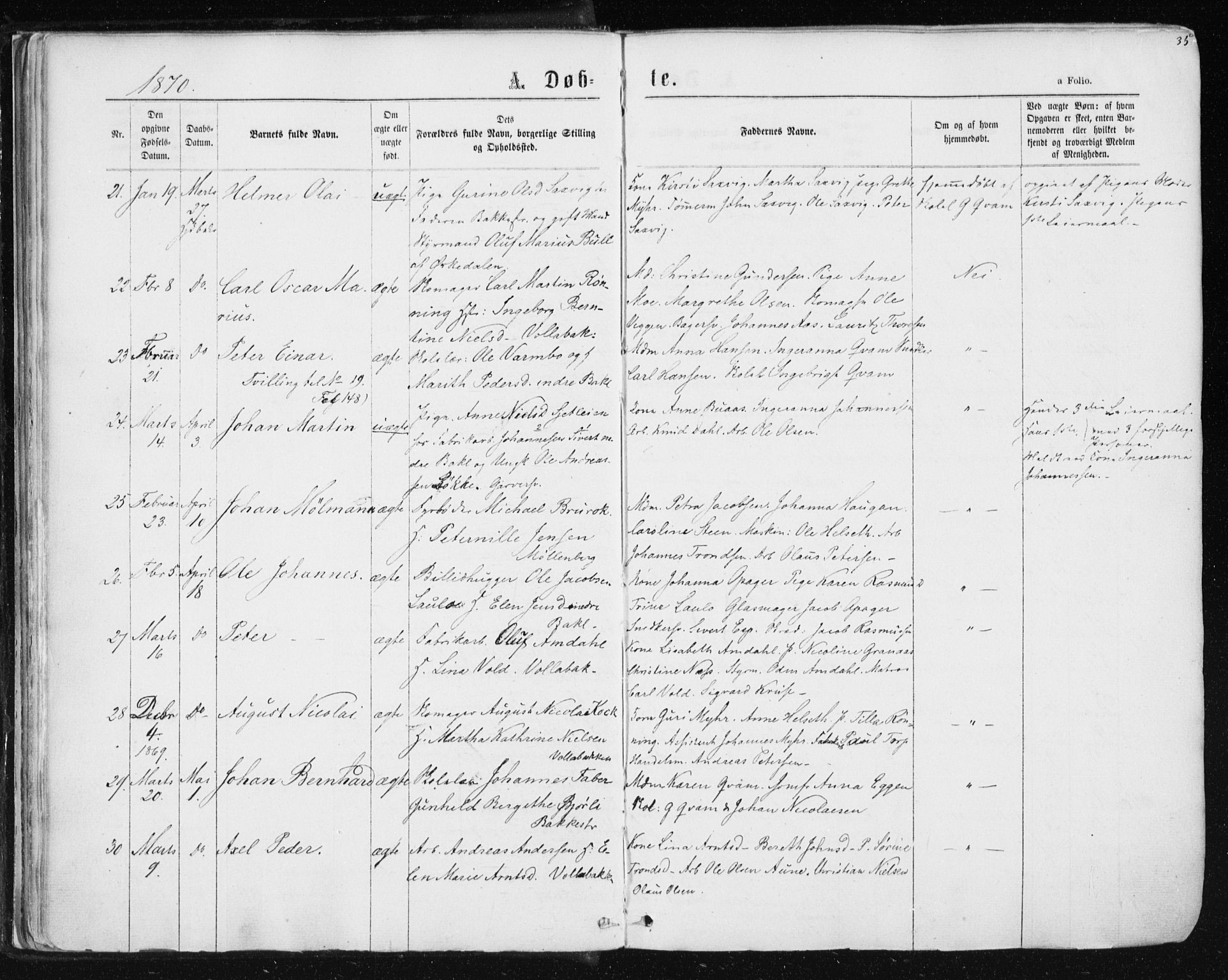 Ministerialprotokoller, klokkerbøker og fødselsregistre - Sør-Trøndelag, SAT/A-1456/604/L0186: Parish register (official) no. 604A07, 1866-1877, p. 35