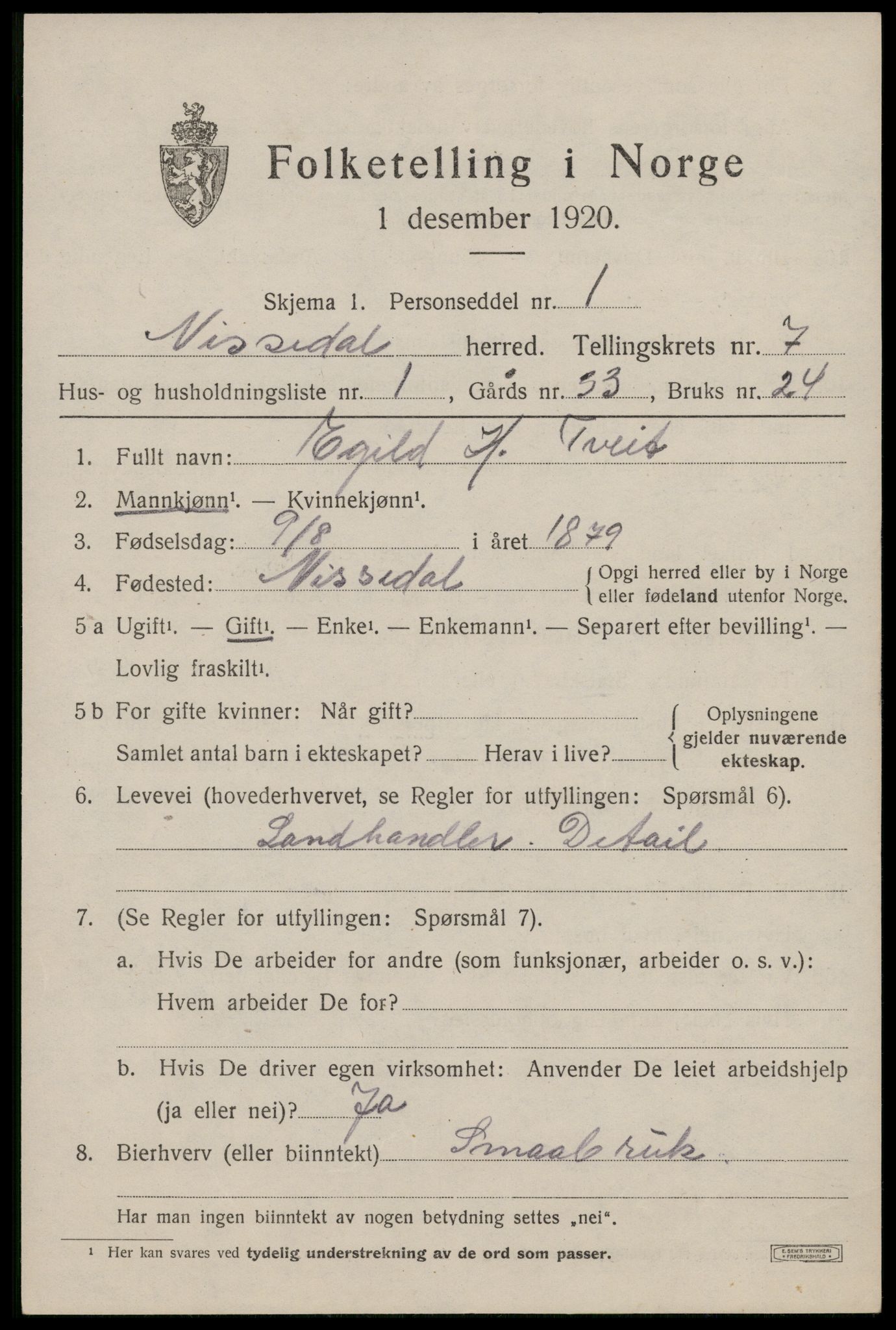 SAKO, 1920 census for Nissedal, 1920, p. 2473