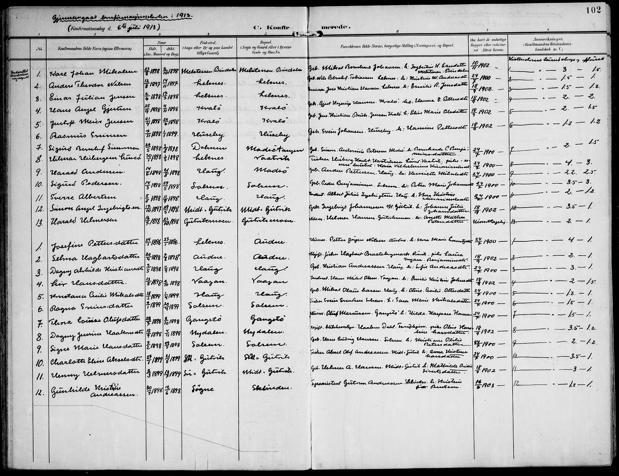 Ministerialprotokoller, klokkerbøker og fødselsregistre - Nord-Trøndelag, SAT/A-1458/788/L0698: Parish register (official) no. 788A05, 1902-1921, p. 102