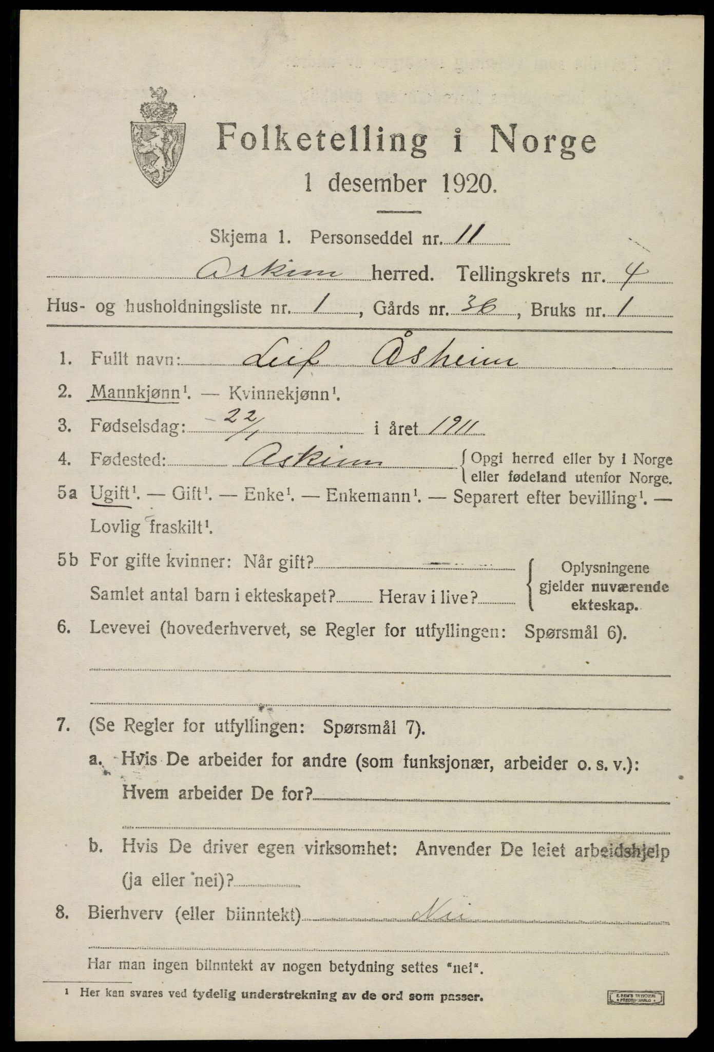 SAO, 1920 census for Askim, 1920, p. 7991