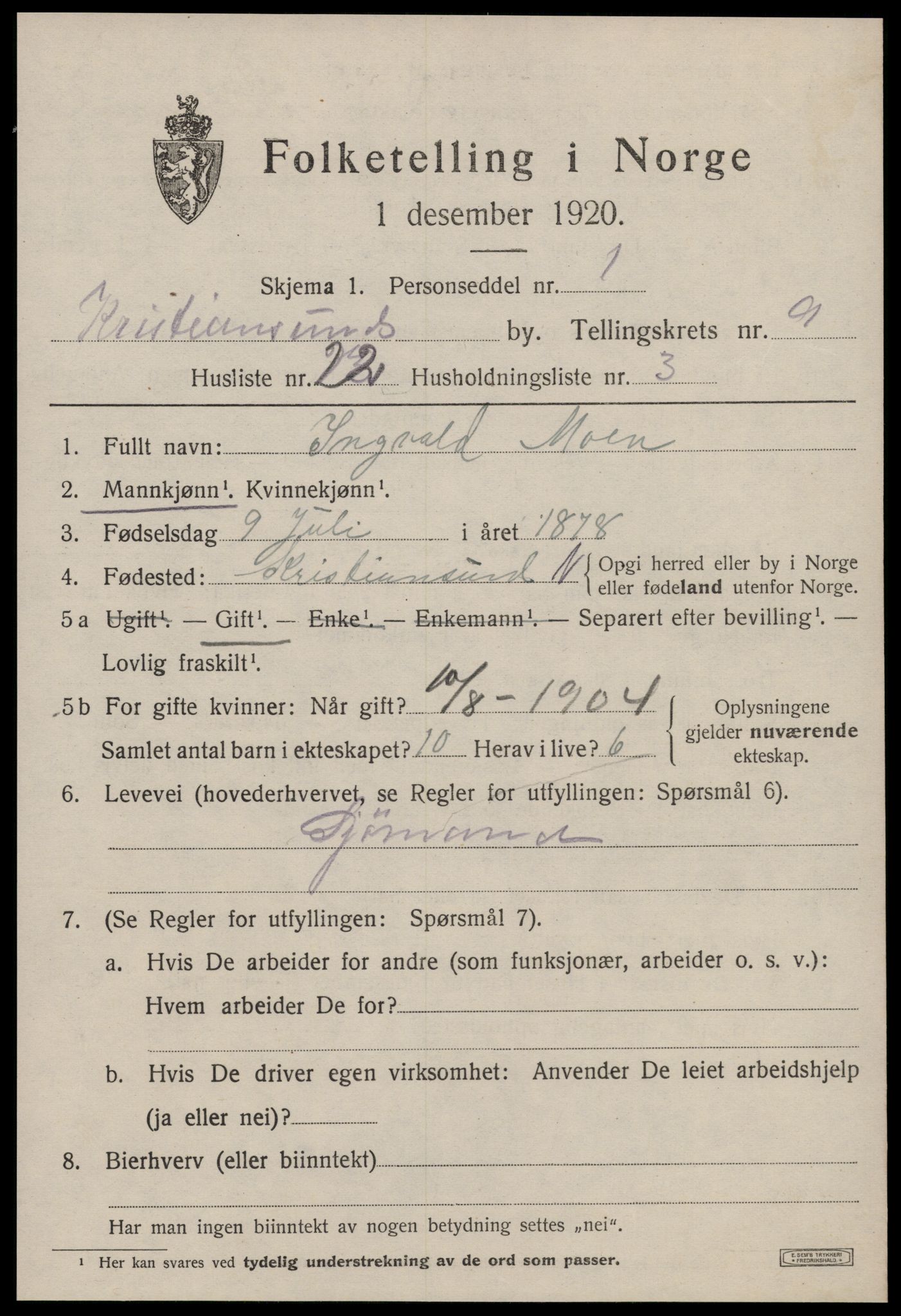 SAT, 1920 census for Kristiansund, 1920, p. 22069