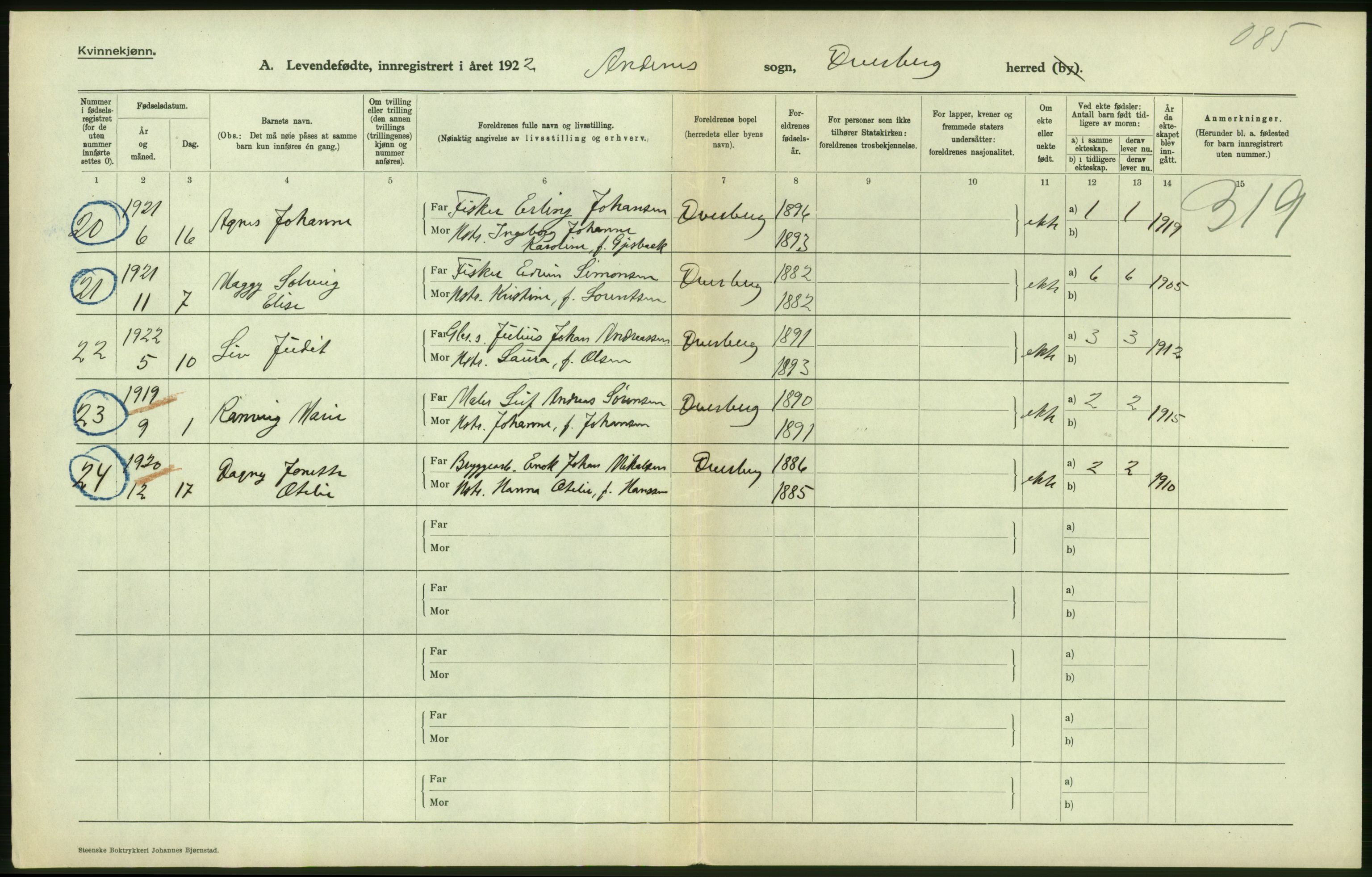 Statistisk sentralbyrå, Sosiodemografiske emner, Befolkning, AV/RA-S-2228/D/Df/Dfc/Dfcb/L0044: Nordland fylke: Levendefødte menn og kvinner. Bygder og byer., 1922, p. 140